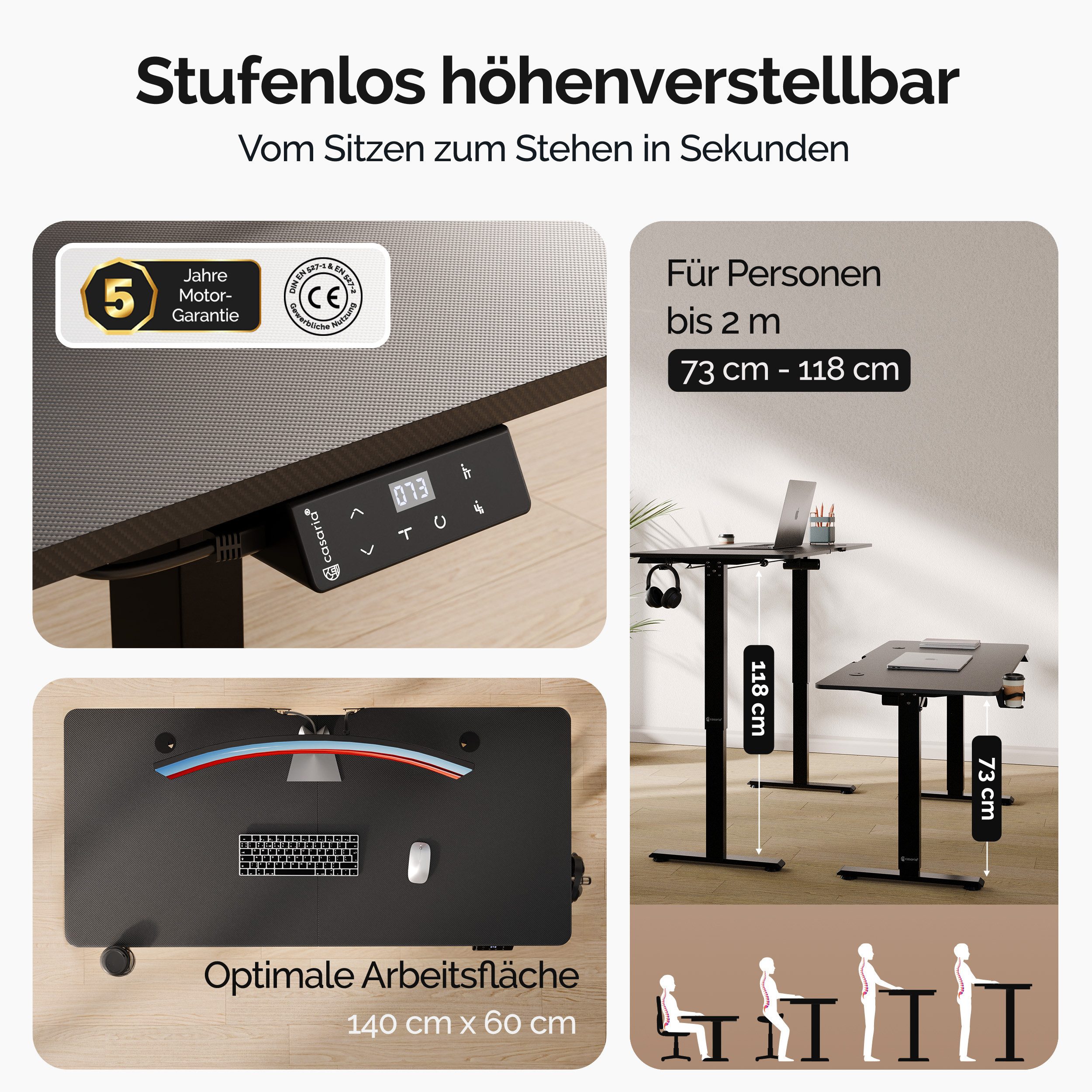 Casaria Schreibtisch, Höhenverstellbar Elektrisch 140x60cm LCD- Display Stahlgestell Büro