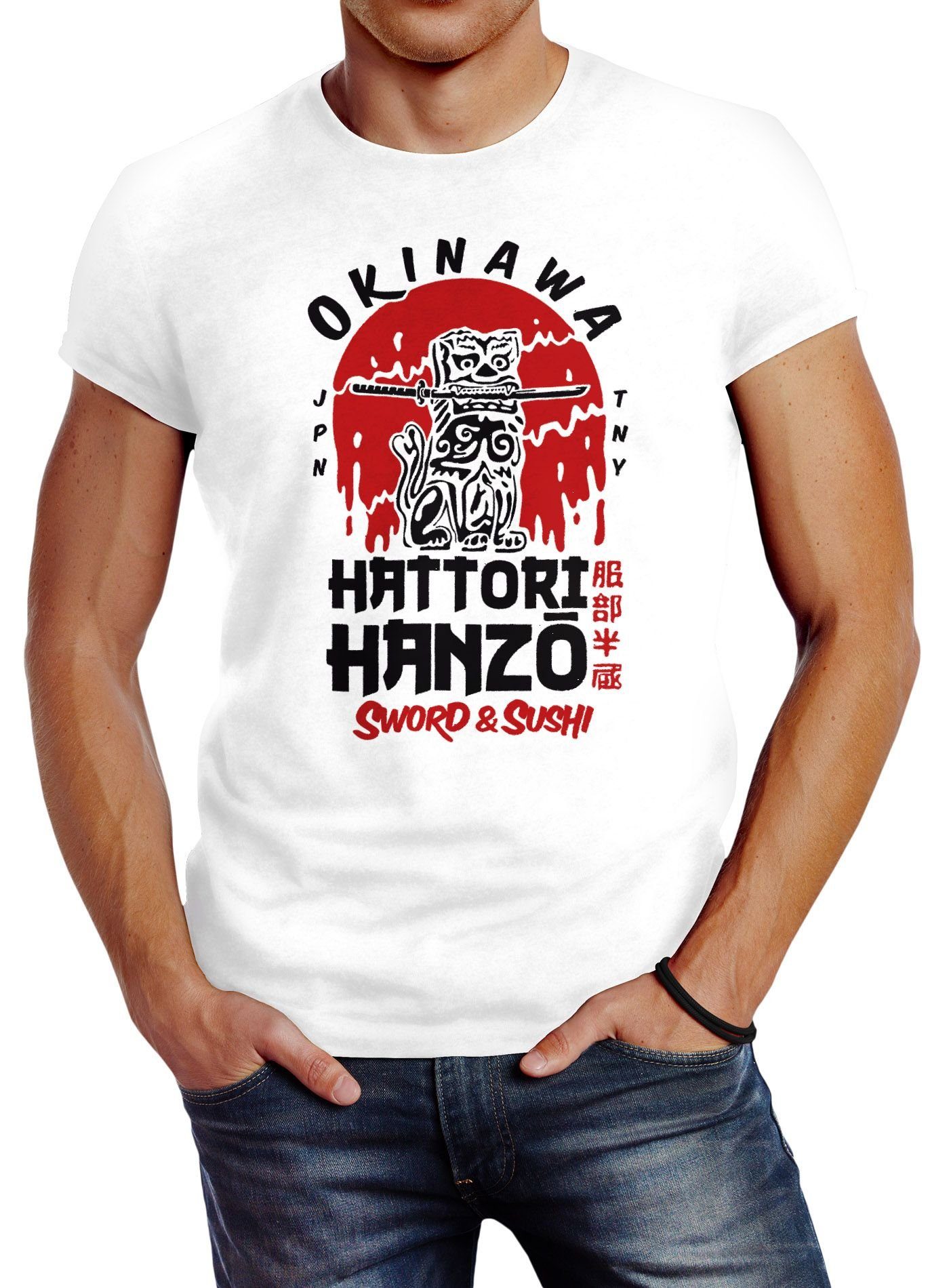 Neverless Print-Shirt Herren T-Shirt Hattori Streetstyle Print Neverless® Japan mit Hanzo Okinawa and Schriftzeichen Sword Sushi Fashion weiß