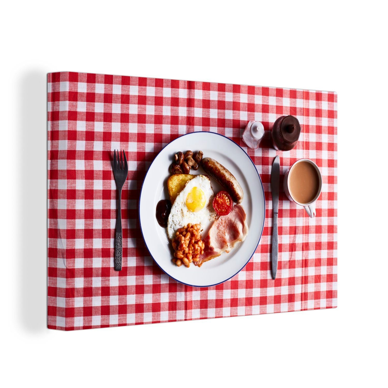 OneMillionCanvasses® Leinwandbild English Breakfast auf kariertem Tischtuch, (1 St), Wandbild Leinwandbilder, Aufhängefertig, Wanddeko, 30x20 cm