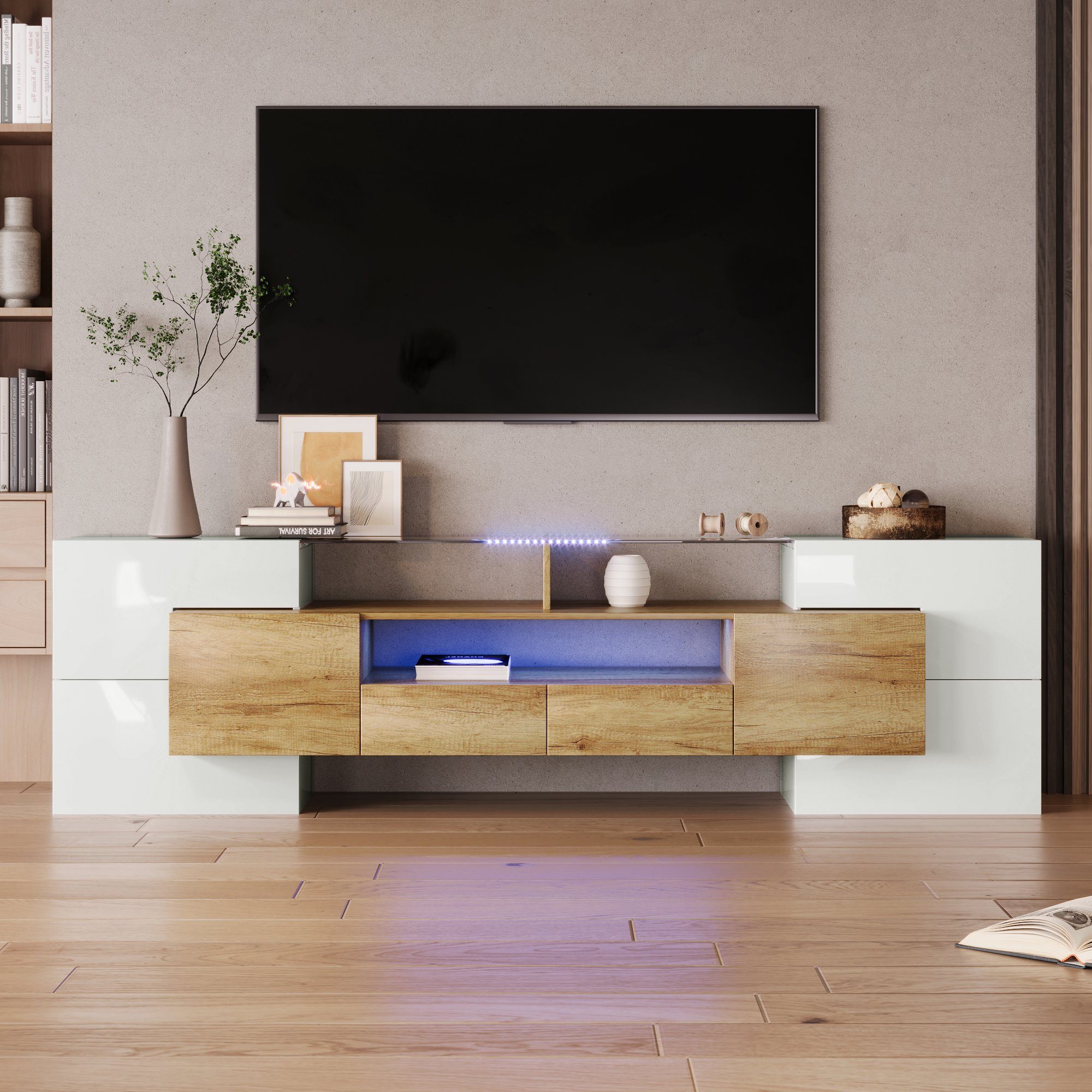 Merax Lowboard mit LED-Beleuchtung und Glasplatte, TV-Schrank mit hochglänzenden Korpus, Holzoptik, Breite 200 cm