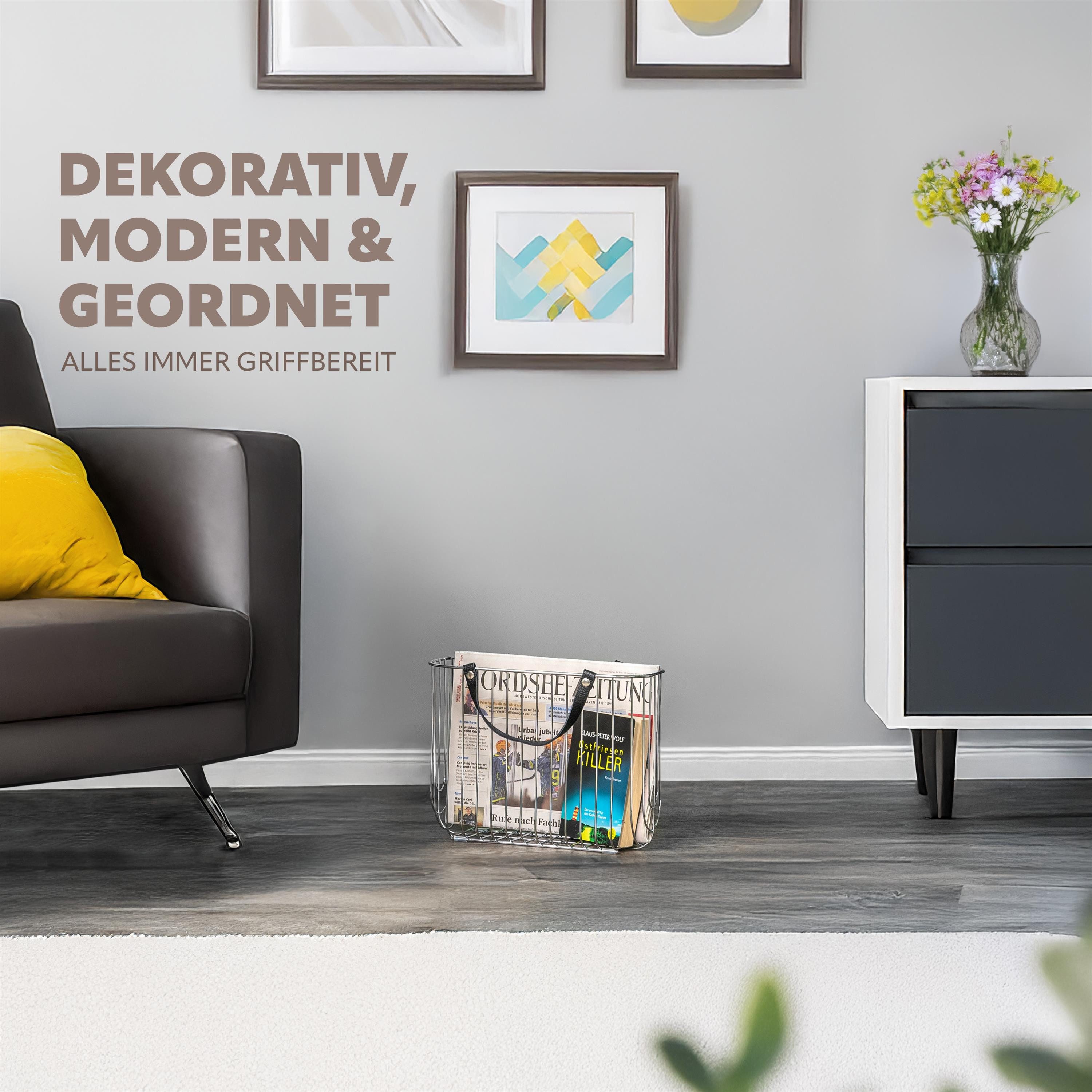 eluno Zeitungsständer aus Metall mit Tragegriffen aus Leder, verchromt günstig online kaufen