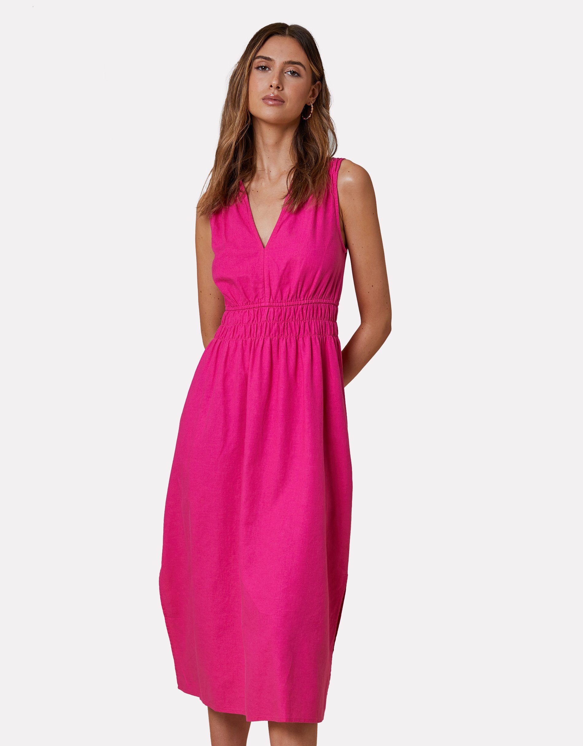 Threadbare Sommerkleid THB Peppercorn Linen Waisted Midi Dress Hot Pink