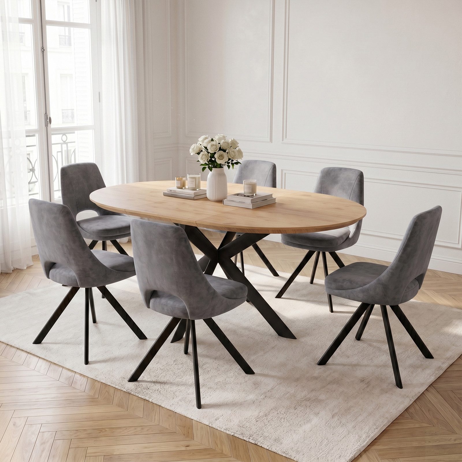 Jiexi Essgruppe Essgruppe rund ausziehbar zu oval MDF Tisch mit Flanell Stühlen
