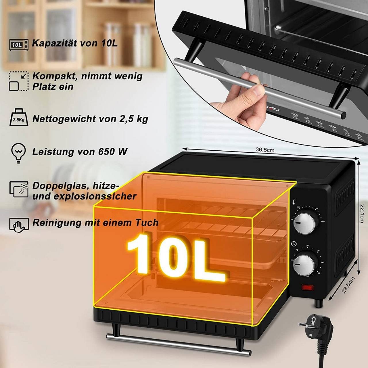 Woltu Minibackofen, 10 Liter, 650 Watt mit Timer für Pizza, Toast, Truthahn