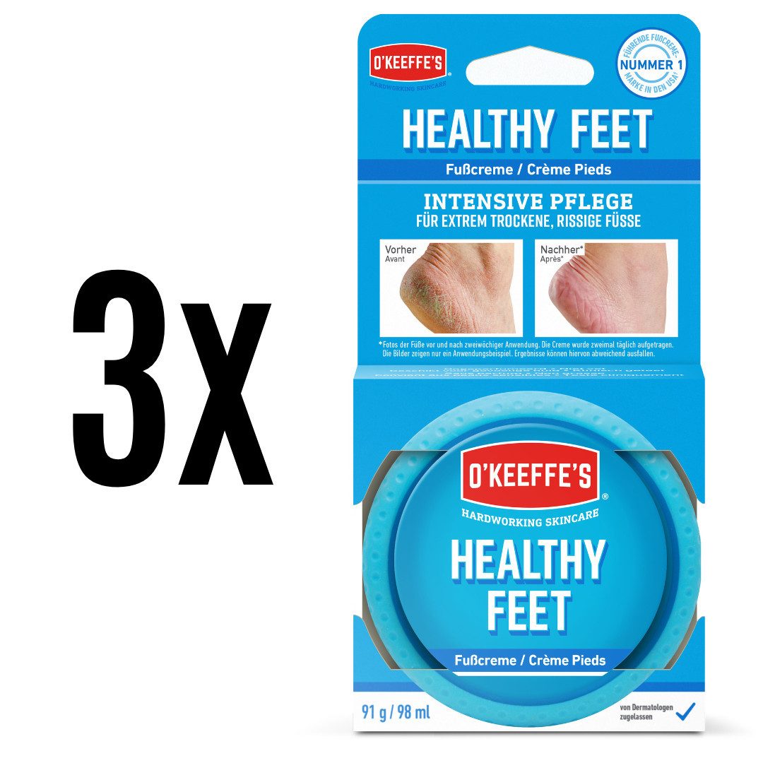 O'KEFFE'S Fußcreme Healthy Feet, 91 g, 3-tlg., Für extrem trockene, rissige Füße, Fördert Feuchtigkeitsversorgung