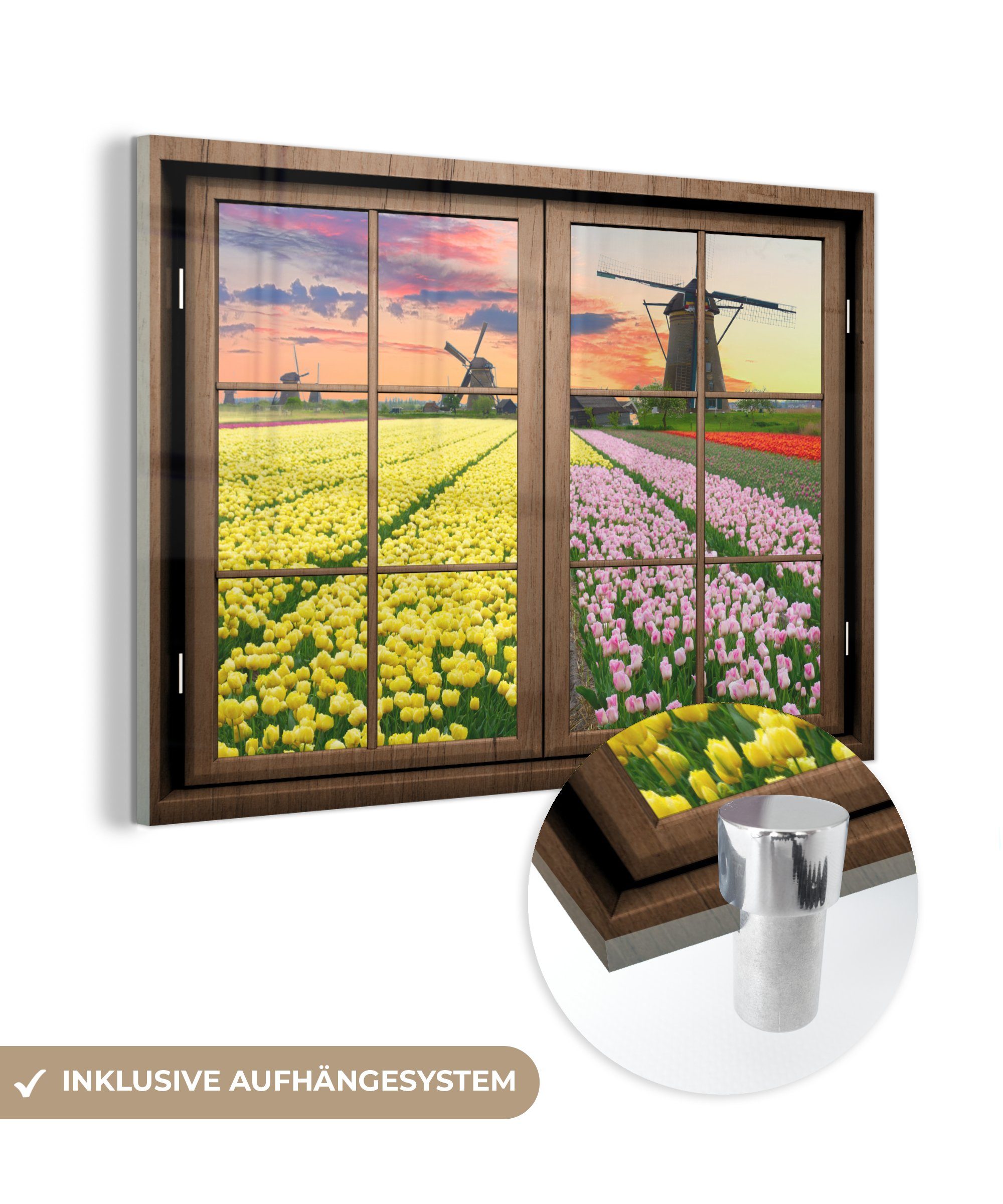 MuchoWow Acrylglasbild Ansicht - Mühle - Tulpen, (1 St), Glasbilder - Bilder auf Glas Wandbild - Foto auf Glas - Wanddekoration