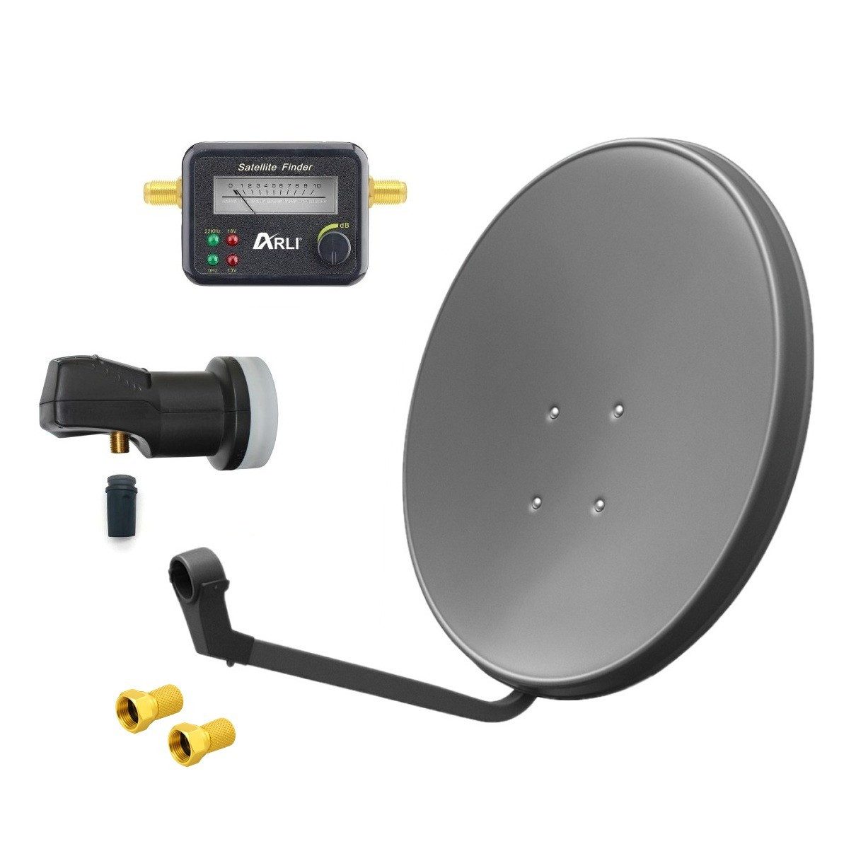 ARLI 60cm HD SAT Anlage grau + Single LNB + Satfinder SAT-Antenne (60 cm, Stahl, Digital 1 Teilnehmer Antenne Grau UHD 4K FullHD)
