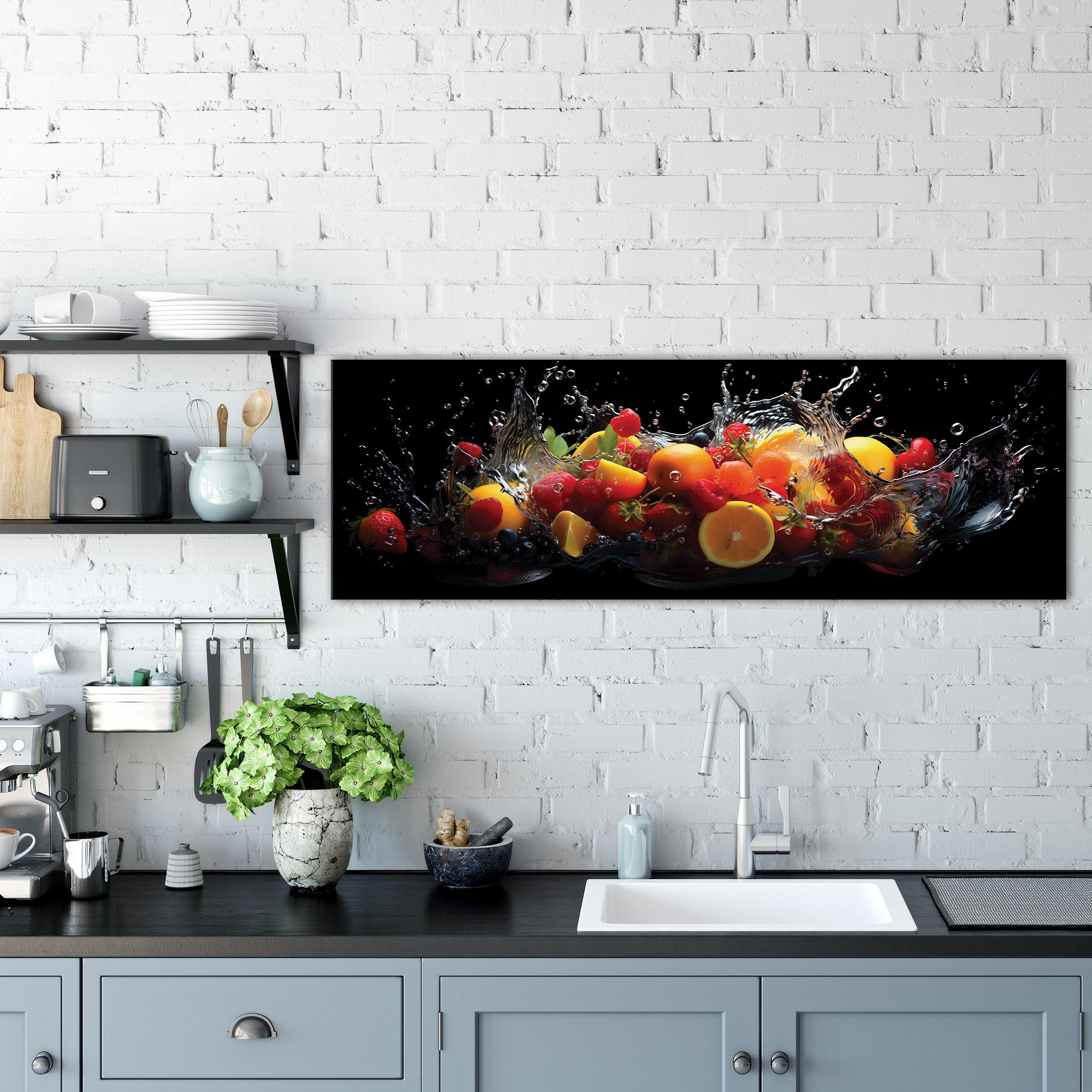 Wallarena Leinwandbild Küche Obst Leinwandbild Groß Aufhängefertig Modern, 1 Bild Leinwandbilder Schwarz Wandbild Obst Bilder Kunst Leinwand XXL St), Wasser (Einteilig