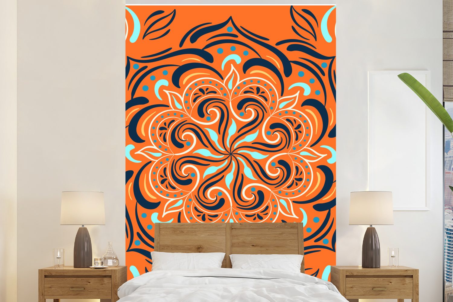 MuchoWow Fototapete Blume - Blätter - Orange - Muster, Matt, bedruckt, (3 St), Montagefertig Vinyl Tapete für Wohnzimmer, Wandtapete