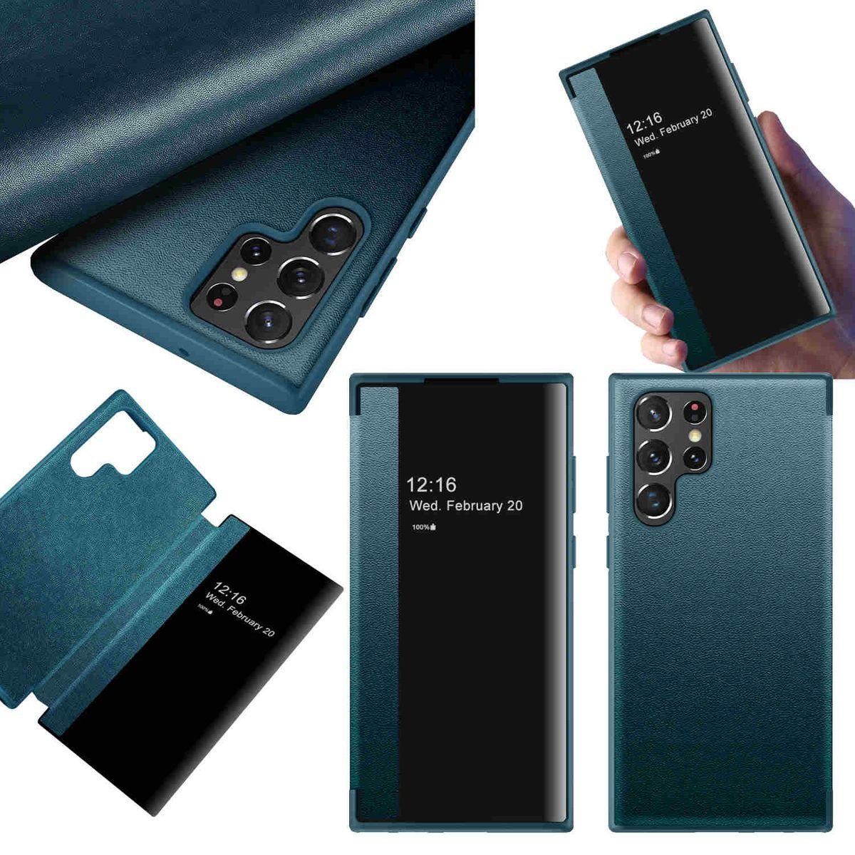 Wigento Handyhülle Für Samsung Galaxy S23 Ultra 5G View Mirror Smartcover Grün Schutzhülle Cover Etuis Tasche Hülle Neu Case Wake UP Funktion
