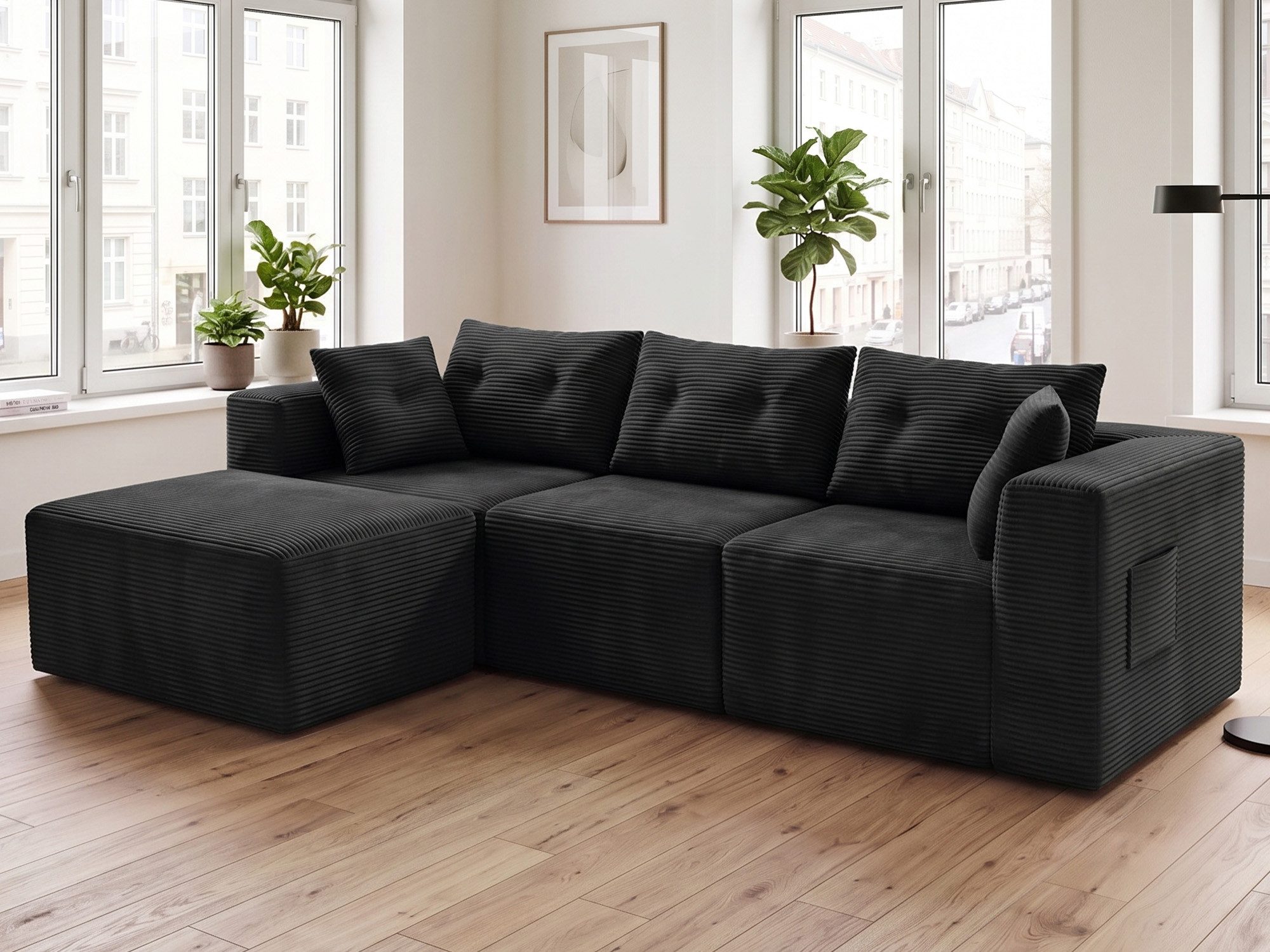 GLP Sofa Modulares Ecksofa 254 cm L-Form, Cordsofa mit Taschenfederkern, 3-Sitzer mit Hocker und 5 Kissen, 4 flexibel kombinierbare Module, kein Aufbau erforderlich, kompakt für Wohnzimmer, Schlafzimmer