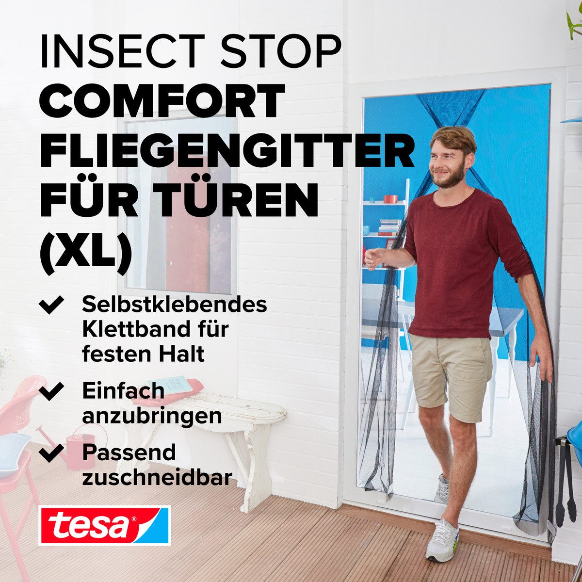 Thumbnail - tesa Insektenschutz-Tür Insect Stop Comfort Fliegengitter für Türen - 1,3 m : 2,5 m, (Packung, 1-St., Fliegennetz, Klett...