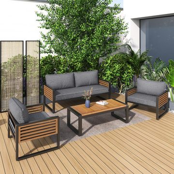 WISHDOR Gartenlounge-Set Gartenmöbel-Set mit Eisenrahmen, (1x2-Sitzer-Sofa, 2x Einzelstühle, 1x Tisch), Graue, dekorative Armlehnen aus Holz
