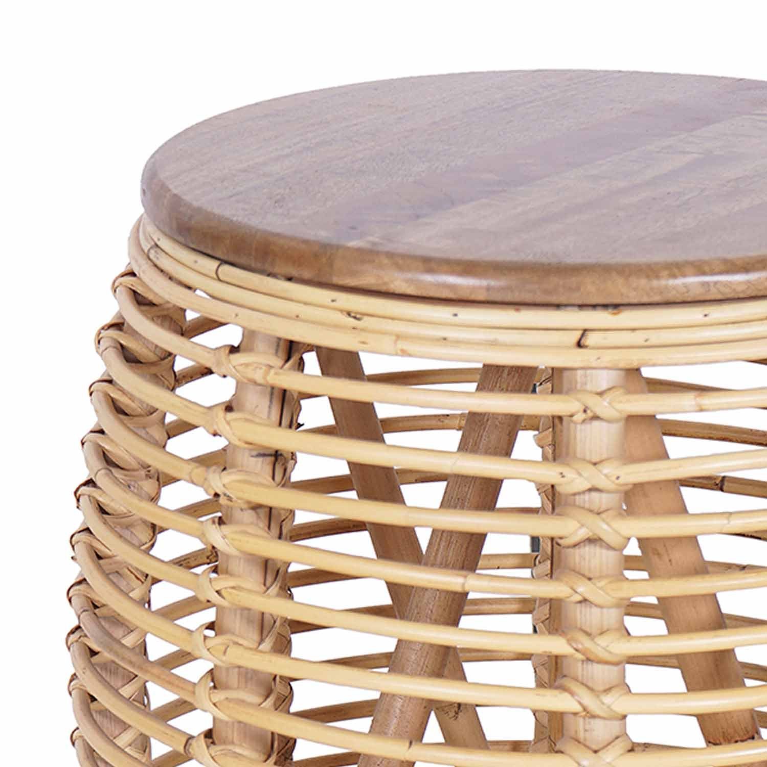 Beistelltisch Nirmala mit rund handgefertigt Beistelltisch Massivholz Rattan Tischplatte, Moro Casa