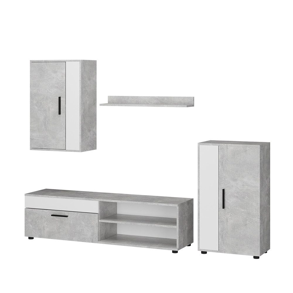 Vicco Wohnwand Berno, Beton/Weiß, set, 4 Teile, (4-St)