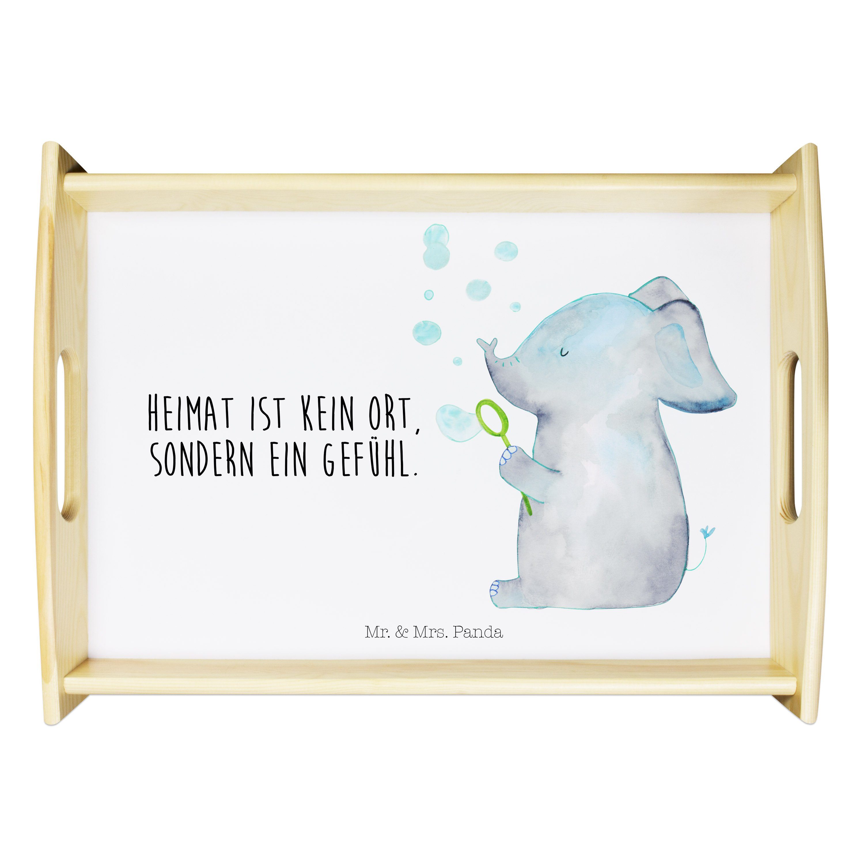 & Frühstückstablett, Panda Mrs. Echtholz lasiert, Küchentabl, Mr. - Geschenk, Seifenblasen Tablett (1-tlg) - Elefant Weiß