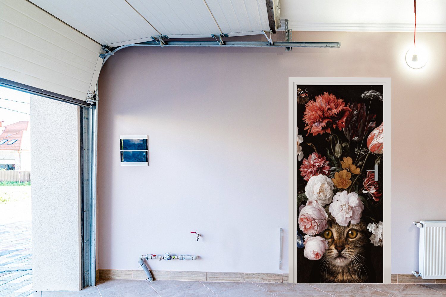 Türtapete MuchoWow Fototapete - (1 75x205 cm Tür, Kunst, St), bedruckt, Katze Türaufkleber, Matt, - für Blumen