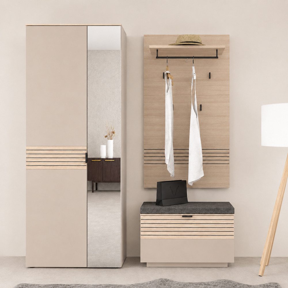 Lomadox Garderoben-Set ISCHIA-36, (Spar-Set, 3-St., Schrank Garderobenpaneel Schuhbank), in Beige mit Eiche, Lamellenoptik