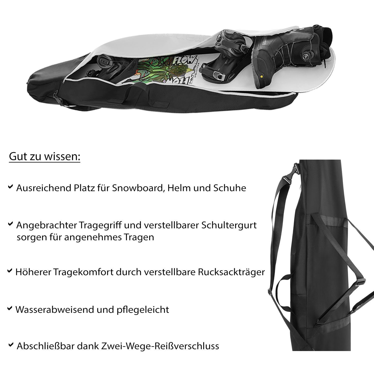 Granori Skitasche für Snowboard – Snowboardtasche & -rucksack 2-in-1 Boardtasche 170 cm, mit zusätzlichem Platz für Skihelm und Skischuhe
