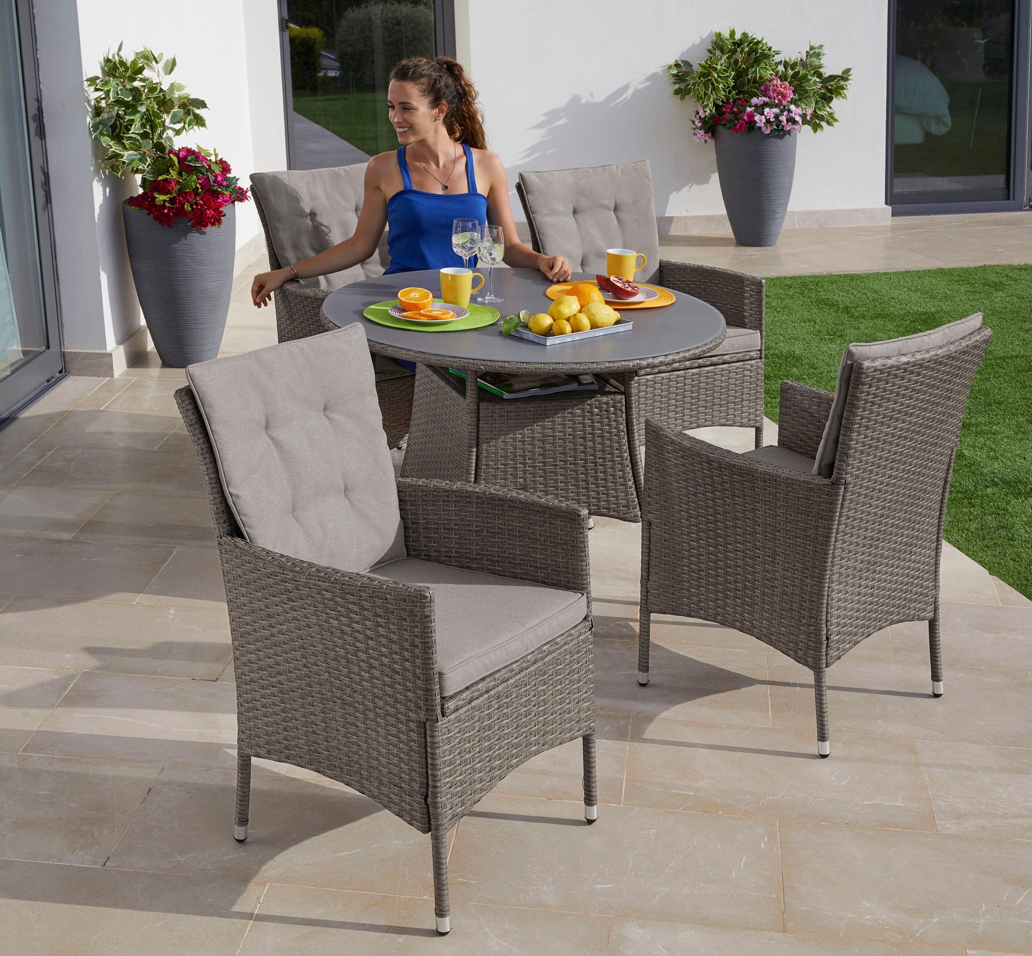 KONIFERA Garten-Essgruppe Mailand, (Set, 13-tlg., 4 Sessel, Tisch Ø 100 cm, inkl. Auflagen), Polyrattan, Stahl, Braun, Tischplatte aus Sicherheitsglas