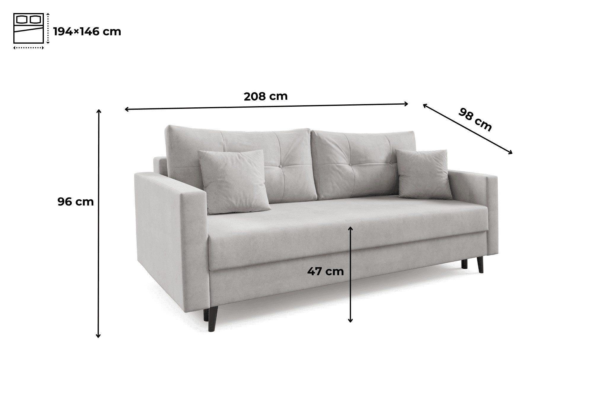 MOEBLO Sofa TREVOR, Modernes Design und komfortable Schlaffunktion für Ihr Zuhause, Couch Polstermöbel Sitzmöbel Wohnzimmermöbel 2-Sitzer-Sofa Stoffsofa, Modernes Design und Vielseitiger Komfort, -(BxHxT):208x96x98 cm