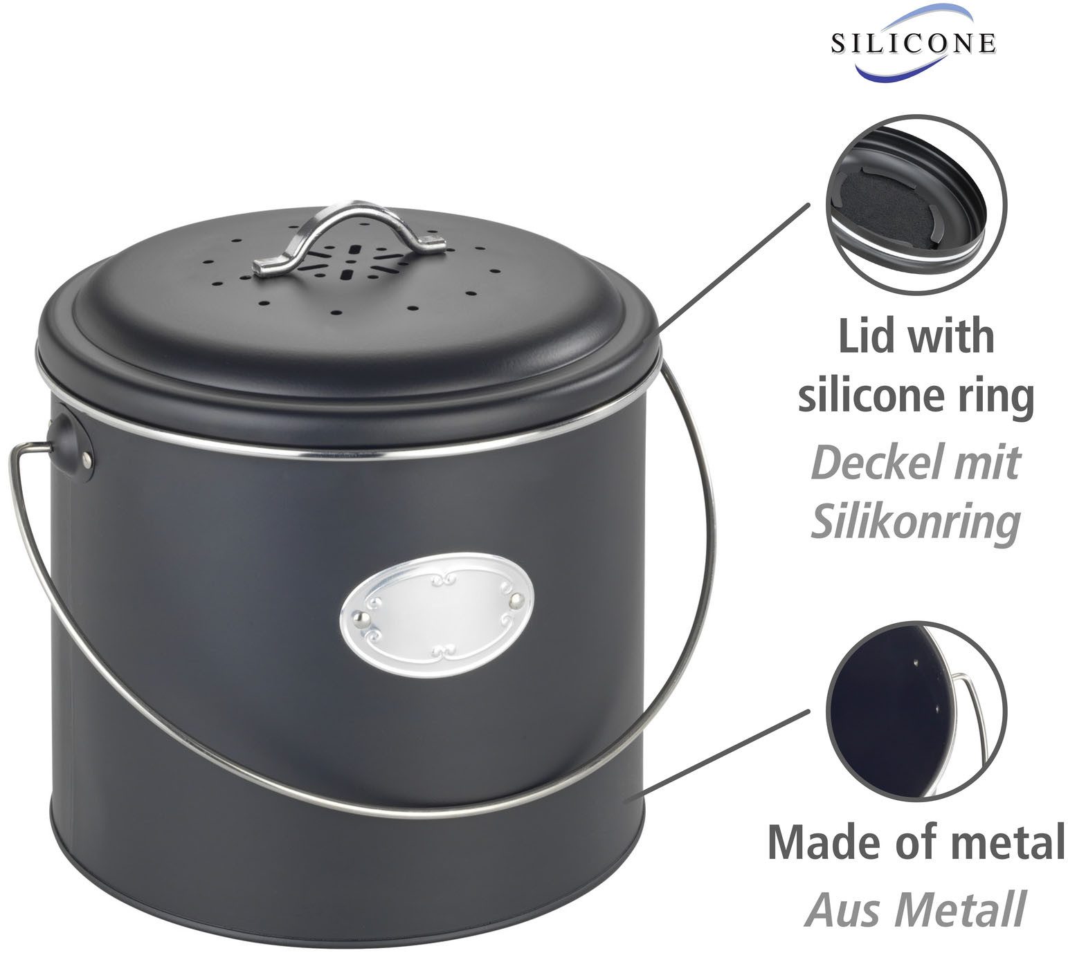 WENKO Biomülleimer Modell Nero, Komposteimer aus Metall, inkl. 3 Aktivkohlefiltern zum Wechseln, 6 L