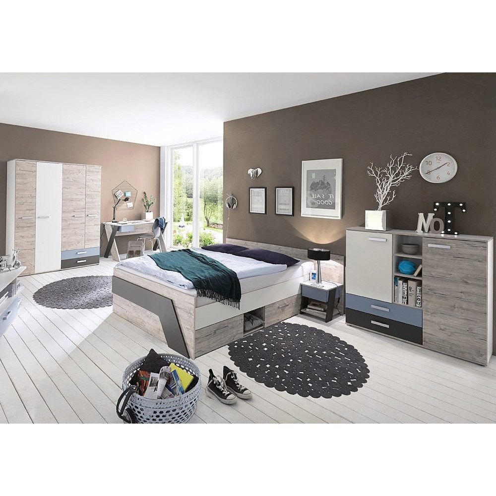 Lomadox Jugendzimmer-Set LEEDS-10, (Sparset, 5-St), Sandeiche Nb. mit weiß Lava und Denim Blau