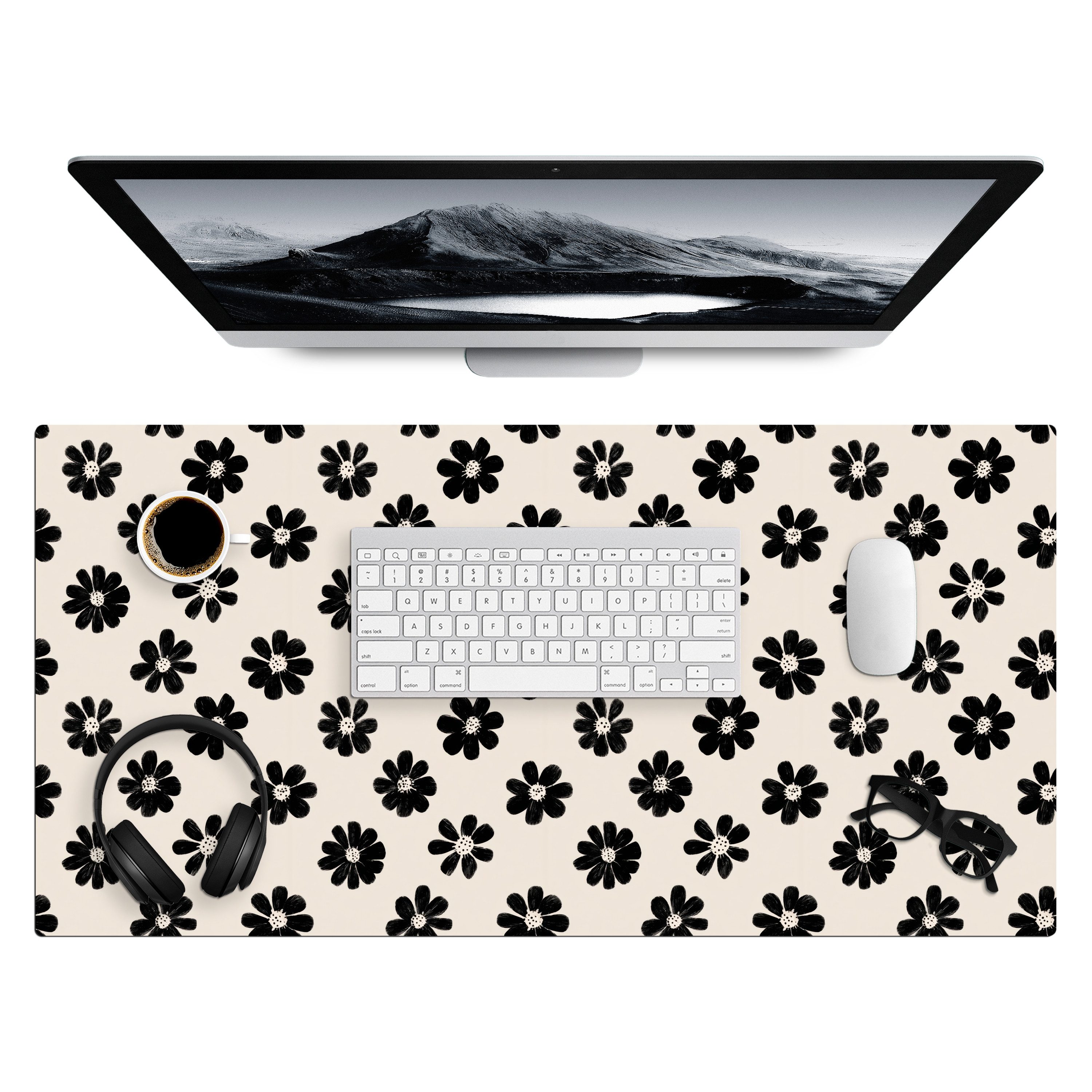 MuchoWow Gaming Mauspad Grafik - Gänseblümchen - Schwarz - Beige (1-St), Gaming Mauspad XXL, Schreibtischunterlage, Desk Mat Groß, 80x40 cm