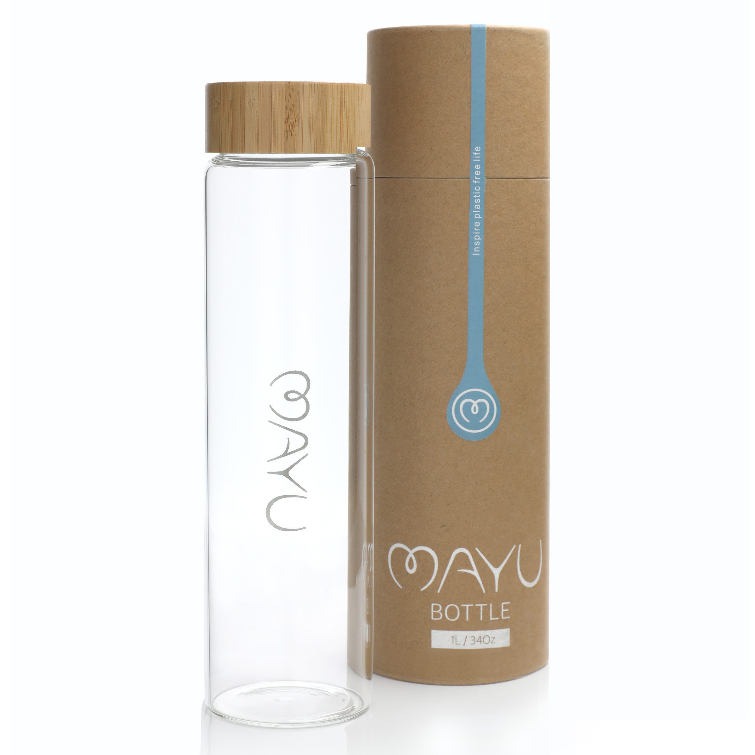 MAYU Water Trinkflasche 100% Borosilikatglas, Deckel aus Bambus, integriertes Sieb, verschiedene Größen