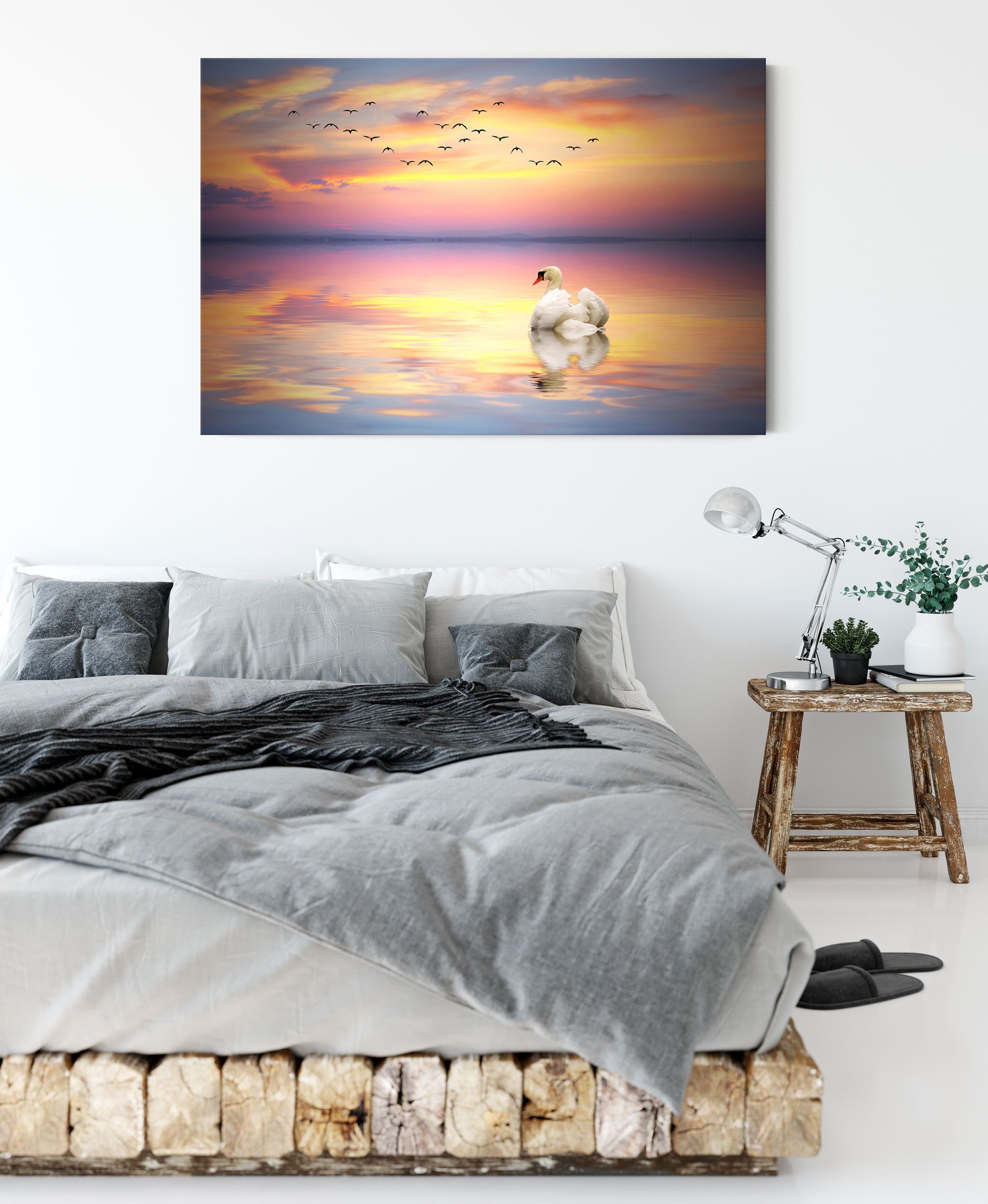 Pixxprint Leinwandbild Schwan bei Sonnenuntergang, Schwan (1 St), Leinwandbild fertig inkl. bespannt, bei Zackenaufhänger Sonnenuntergang