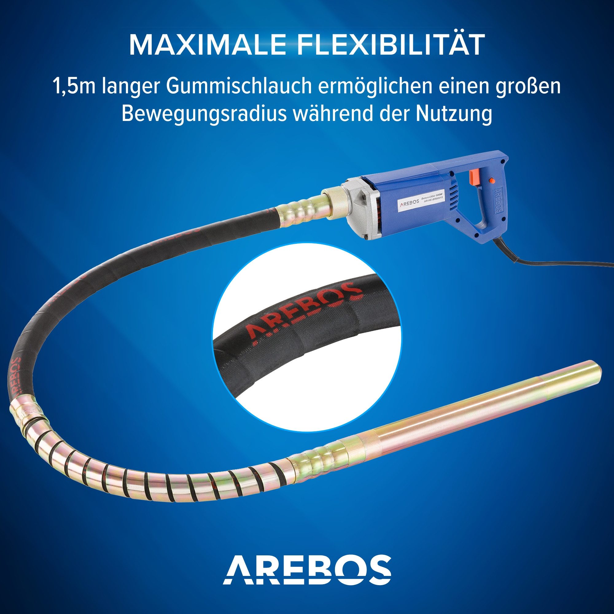 Arebos Betonmischer Betonrüttler, Verschiedene Wattstärken & Schlauchlängen, (Betonrüttler), Taste für den Dauerbetrieb – Bild 4 von 5