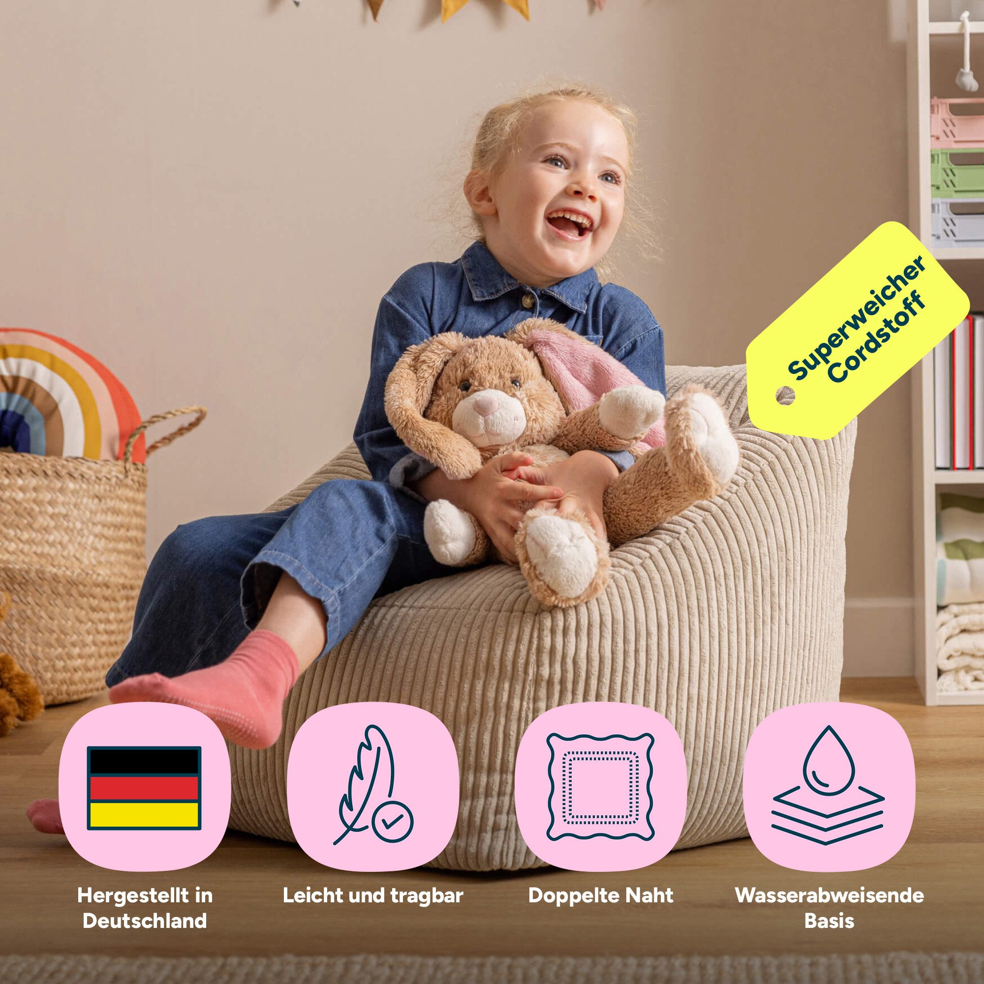 icon Sitzsack Kinder aus Cord Flauschig „Natalia“, 55x44cm, Made in Germany, für Kinderzimmer