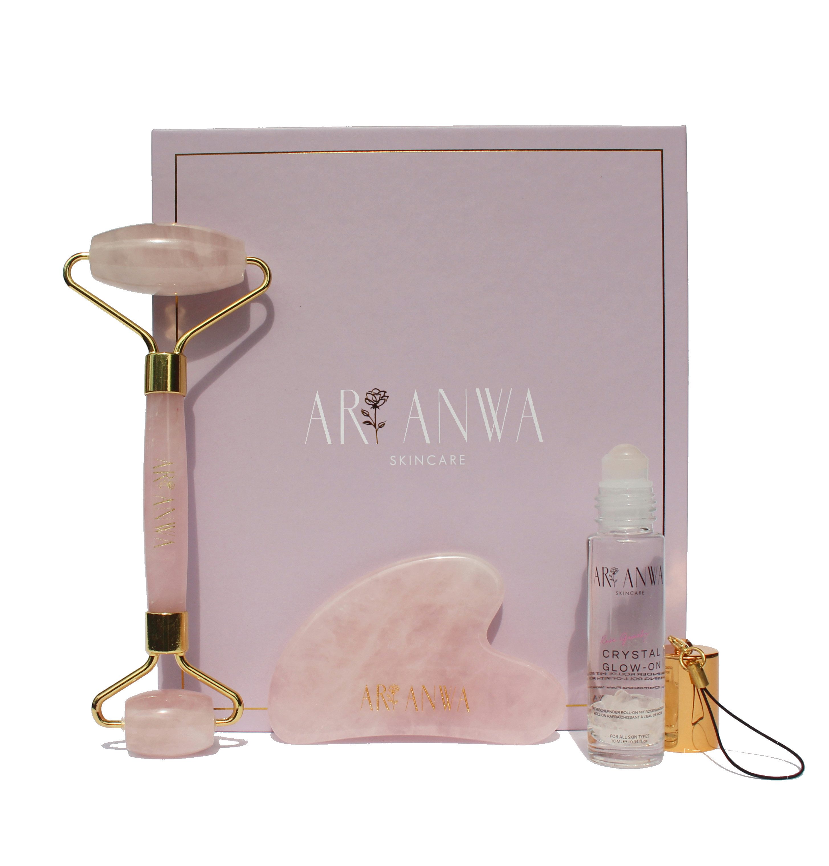 ARI ANWA Skincare Gesichtspflege-Set The Glow Kit Rose, Rosenquarz Roller + Gua Sha + Roll On Rosenwasser