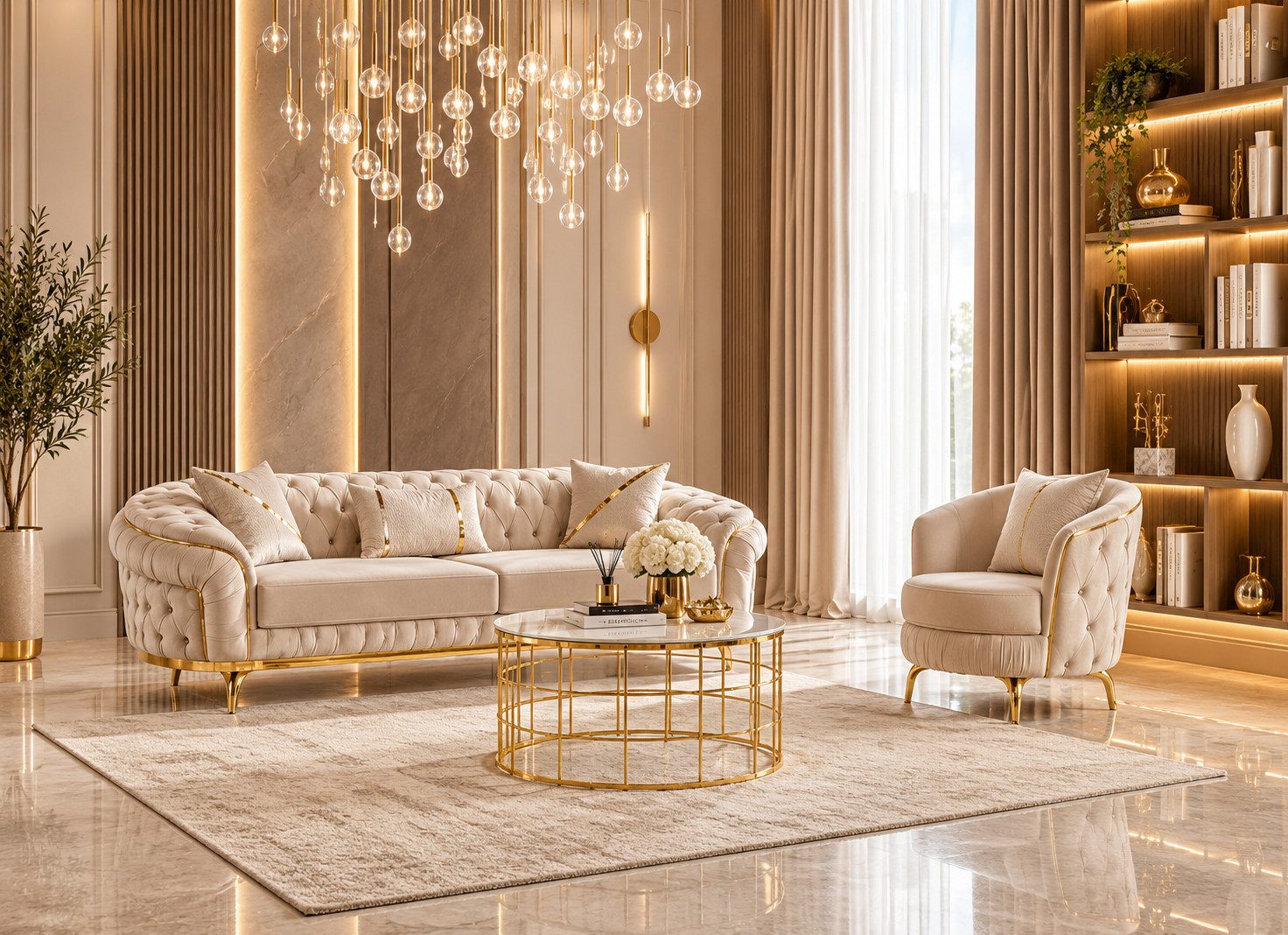 Palms-Store Sofa Sofa -Set Monaco mit Knopfheftung in 6 edlen Farbvarianten, Spar-Set, 3-Sitzer + 3-Sitzer + Sessel