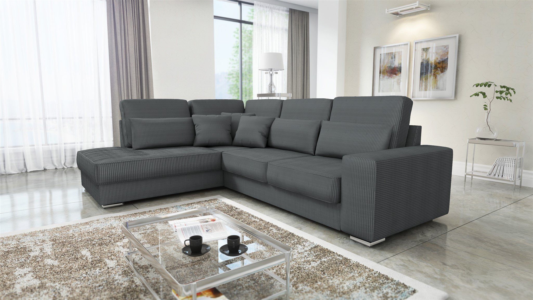 Fun Möbel Ecksofa Sofa NEVIO XL Stoff Scala mit mane, inkl. Rückenkissen und Zierkissen, Rundumbezug Dunkelgrau