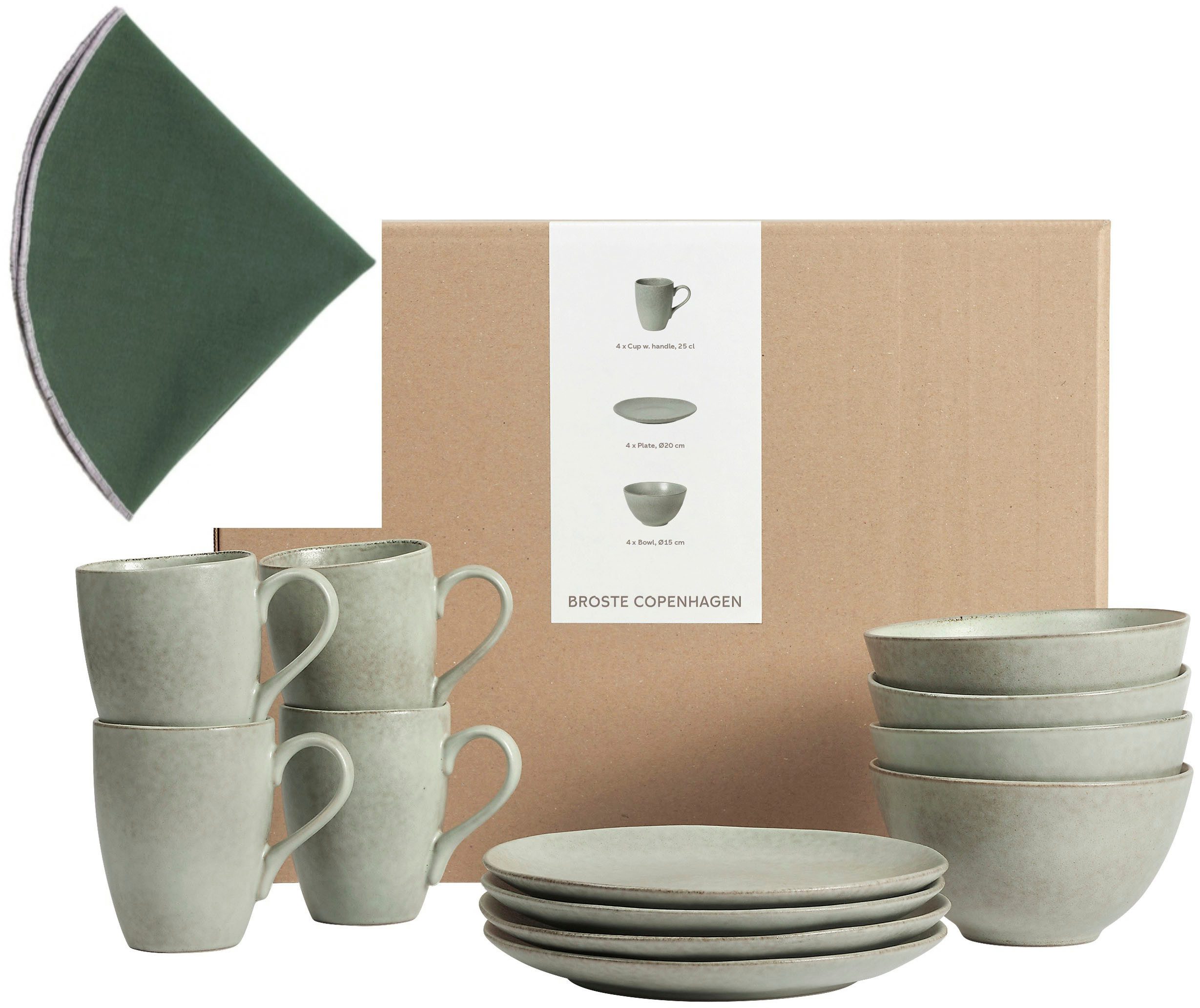 Broste Copenhagen Frühstücks-Geschirrset Nordic Marsh, inklusive Serviette Wilhemina (16-tlg), 4 Personen, Keramik, Beliebte Geschirr Sets Exclusiv mit Geschenk