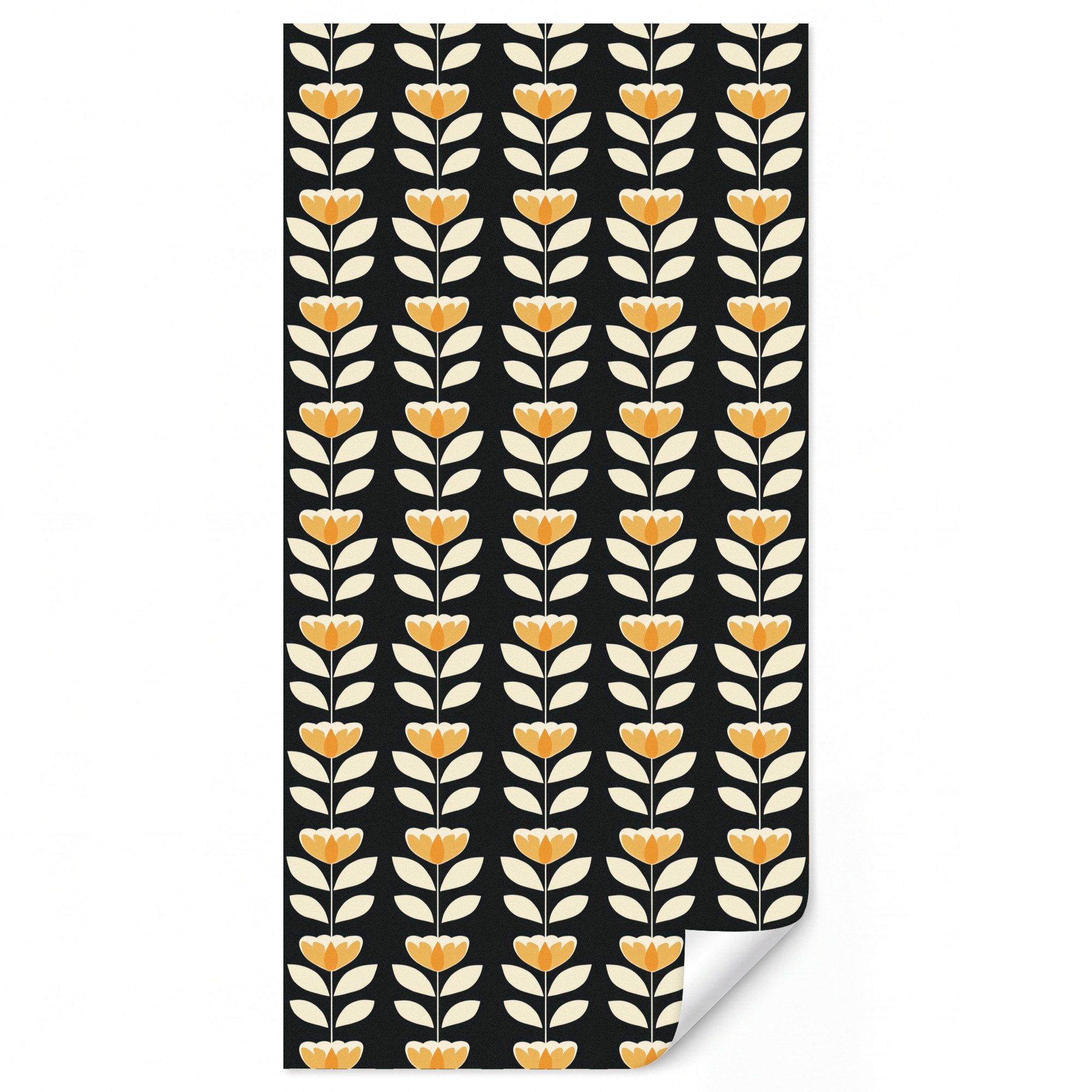 OnlyWow Fototapete Retro - Blume - Schwarz - Ockergelb, Matt, bedruckt, Wandtapete, Schlafzimmer, Wanddekoration 100x220cm