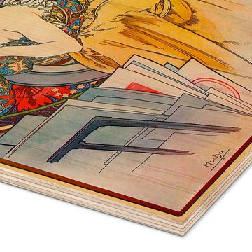 Posterlounge Holzbild Alfons Mucha, Frau mit Bildersammlung, Büro Malerei