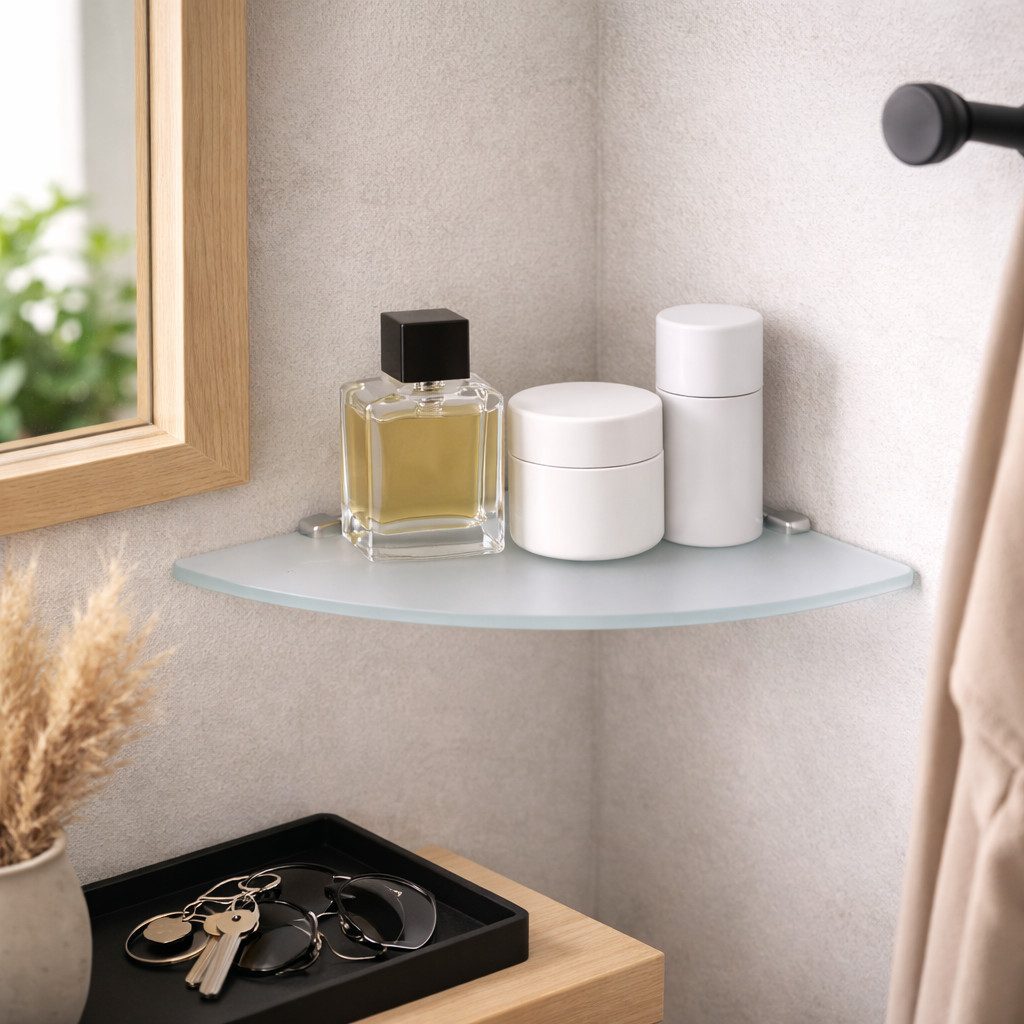 HOOZ Eckregal Glasregal Eckablage ESG – 6 mm, abgerundetes Duschregal mit Halterung, Platzsparende Glasablage für Dusche, Bad, Küche oder Wohnraum