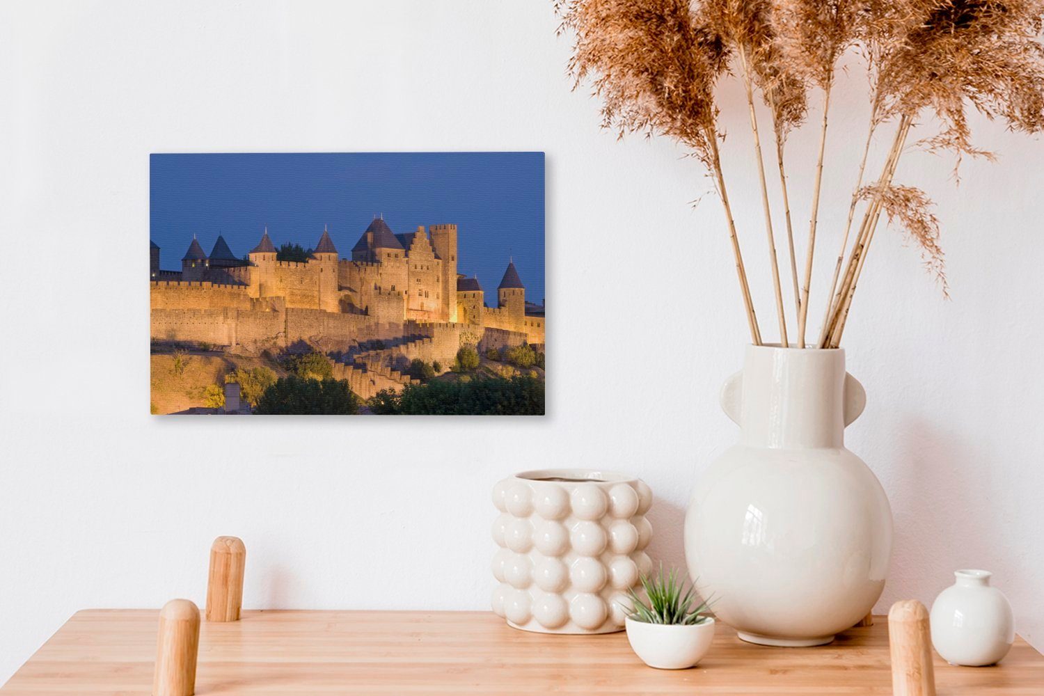 Leinwandbilder, Wandbild cm Beleuchtung Leinwandbild Carcassonne - Wanddeko, OneMillionCanvasses® Aufhängefertig, (1 St), - 30x20 Schloss,