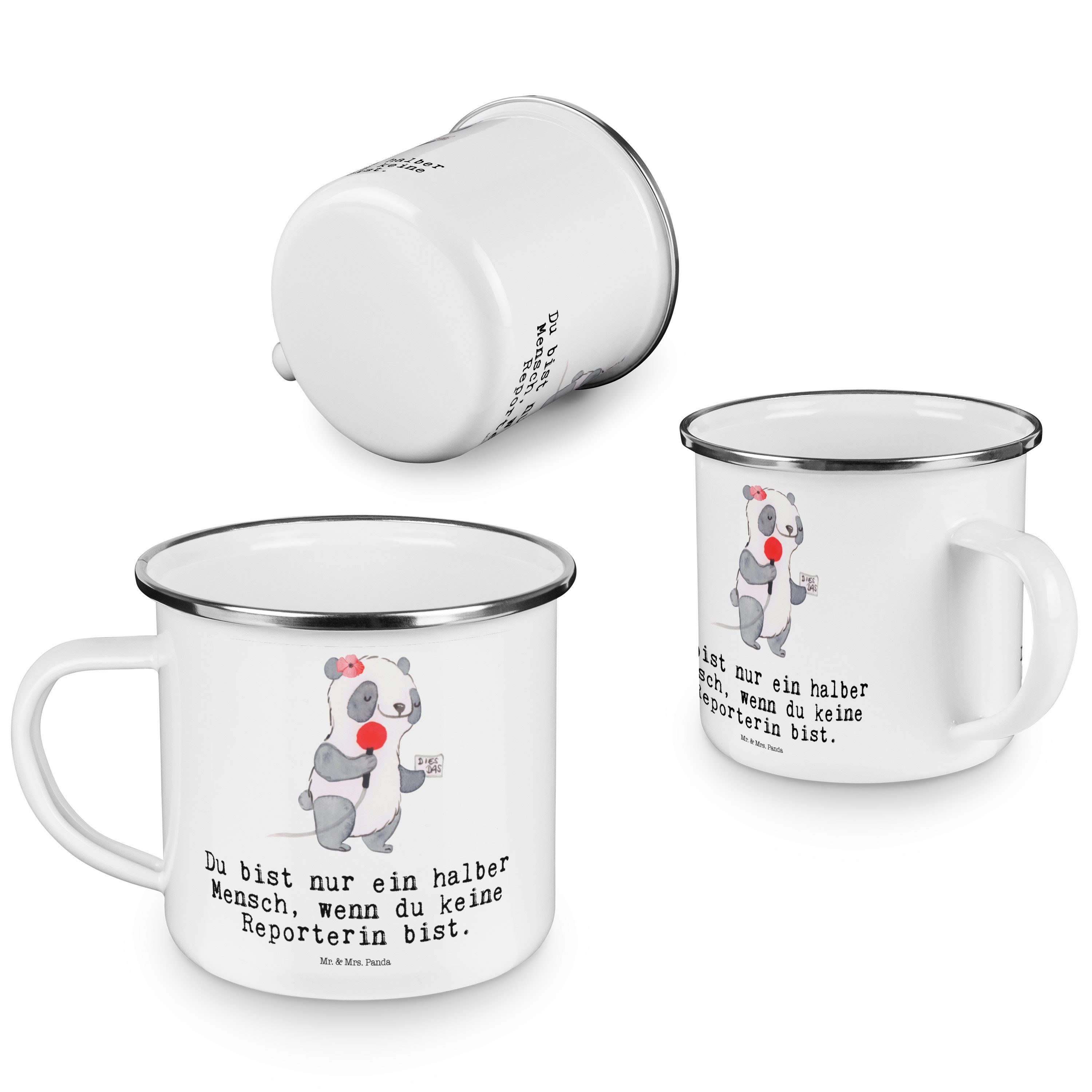 Mr. & Outdoor Weiß Mrs. Panda Reporterin - Trinkbecher, Ca, mit Herz Becher Tasse, - Geschenk, Emaille