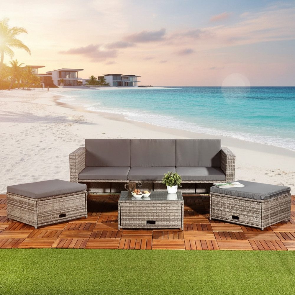 Melko Gartenlounge-Set Gartenmöbel Sitzgruppe Rattanmöbel Set Tisch, Sitzbank 2 Hocker, (Set, 13-tlg), Hochwertige Flechtoptik