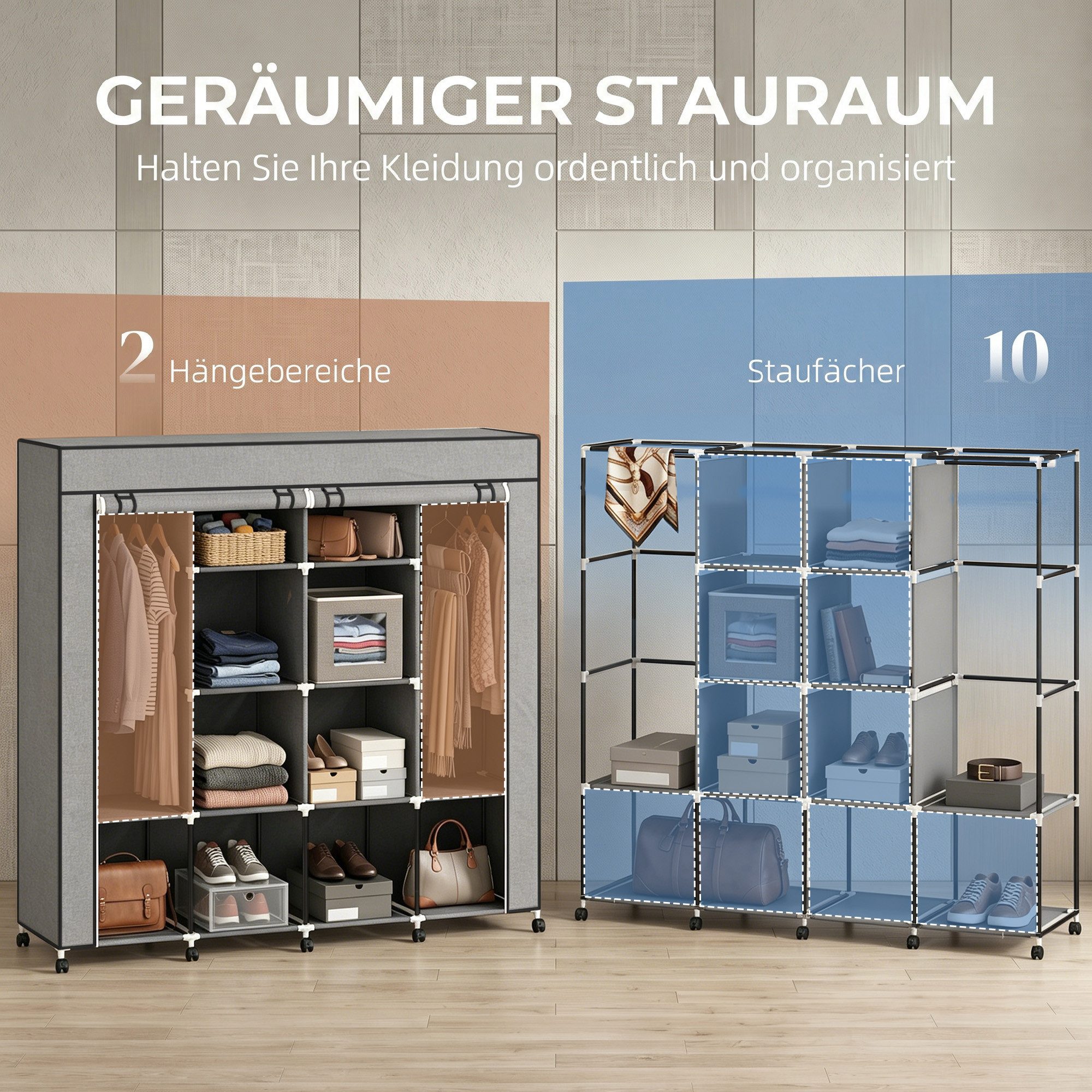 HOMCOM Stoffschrank Kleiderschrank (Kleiderstangen, 1-St., Stoffschrank) Dunkelgrau, 166 x 42,5 x 167 cm – Bild 4 von 5