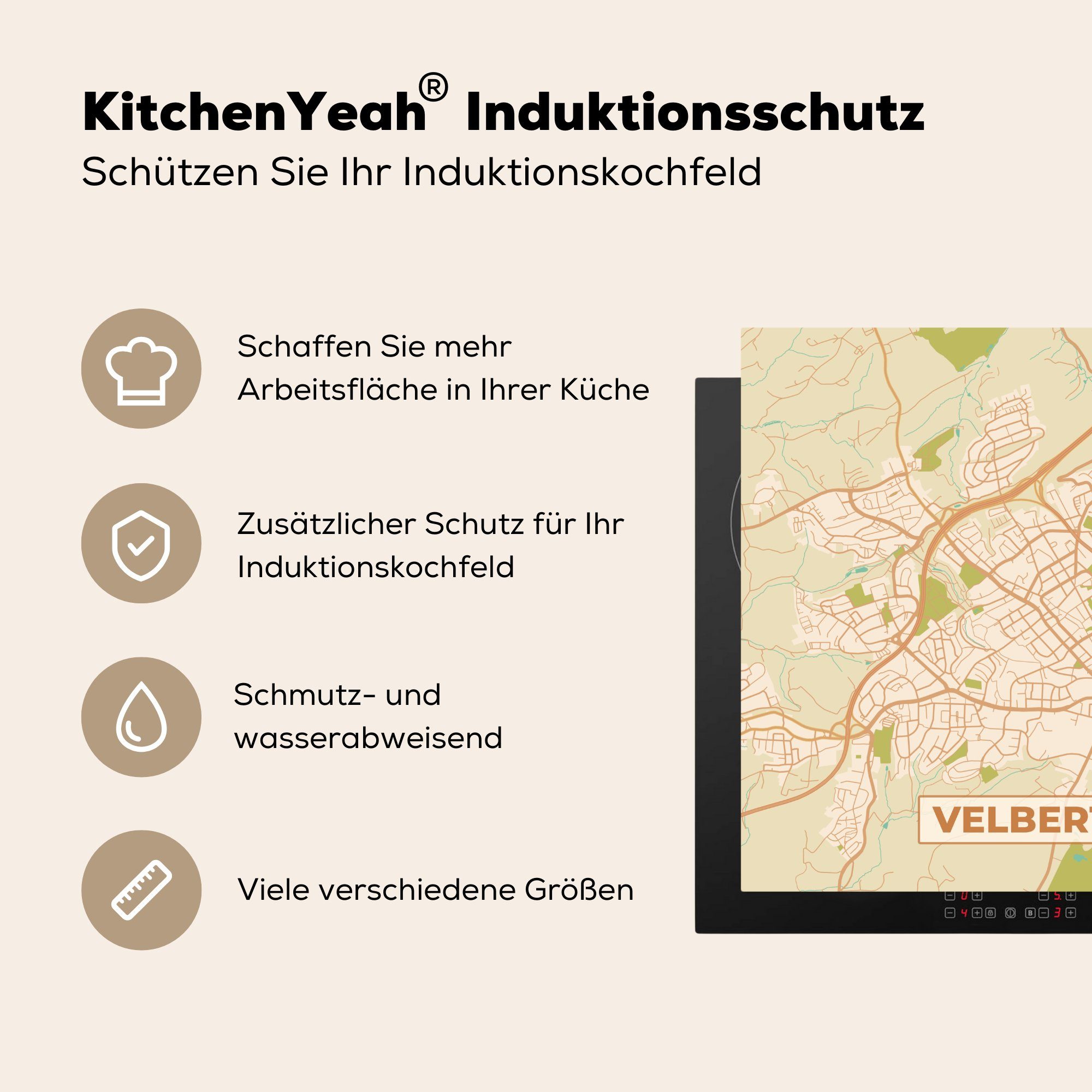 - küche Velbert (1 Herdblende-/Abdeckplatte MuchoWow für cm, Karte - Vinyl, Arbeitsplatte tlg), Karte, 78x78 - Ceranfeldabdeckung, Jahrgang