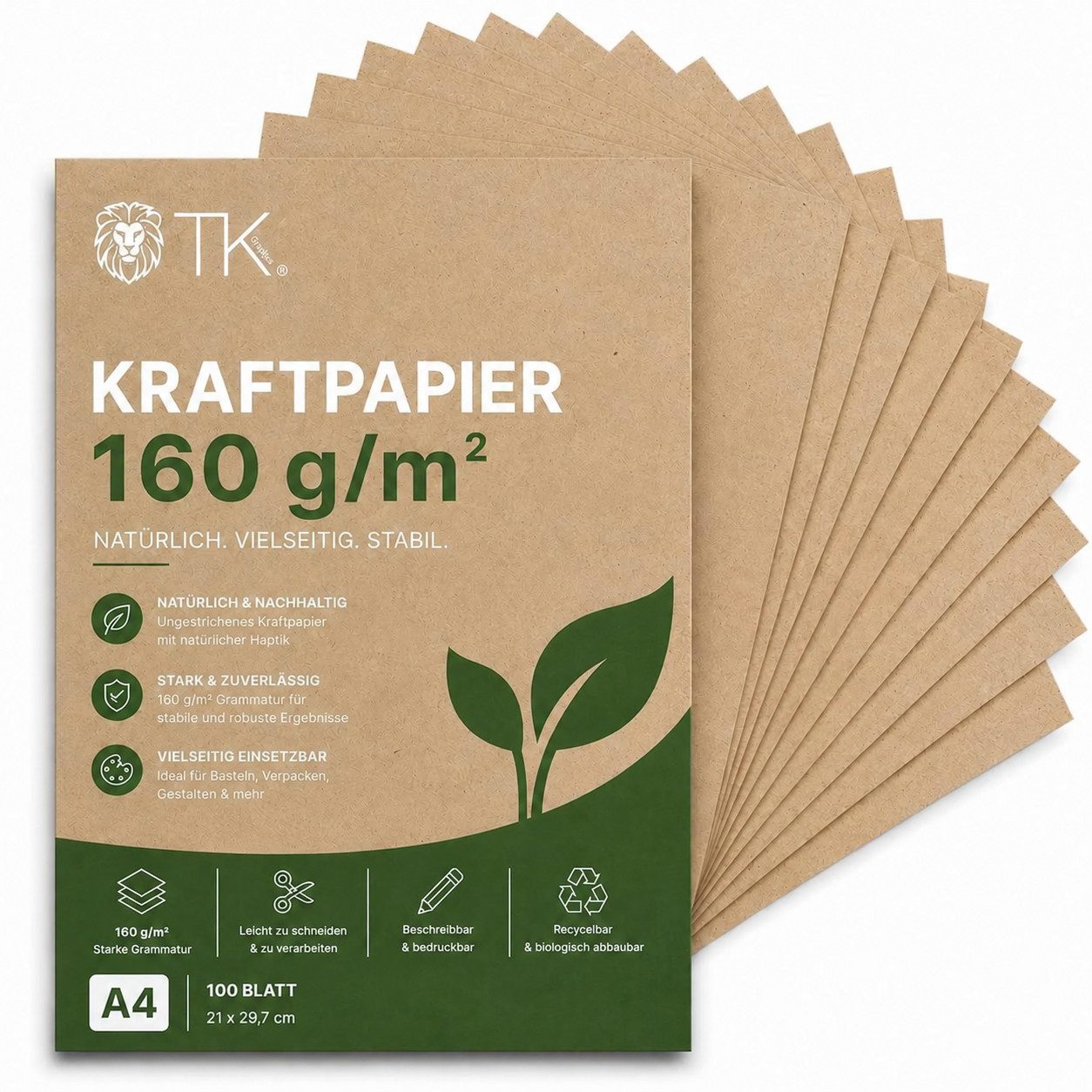 Bastelfreund® Kraftpapier 100 Blatt braunes Kraftpapier DIN A4, 160 g/m², Bedruckbar; Papierstärke 200 g/m²