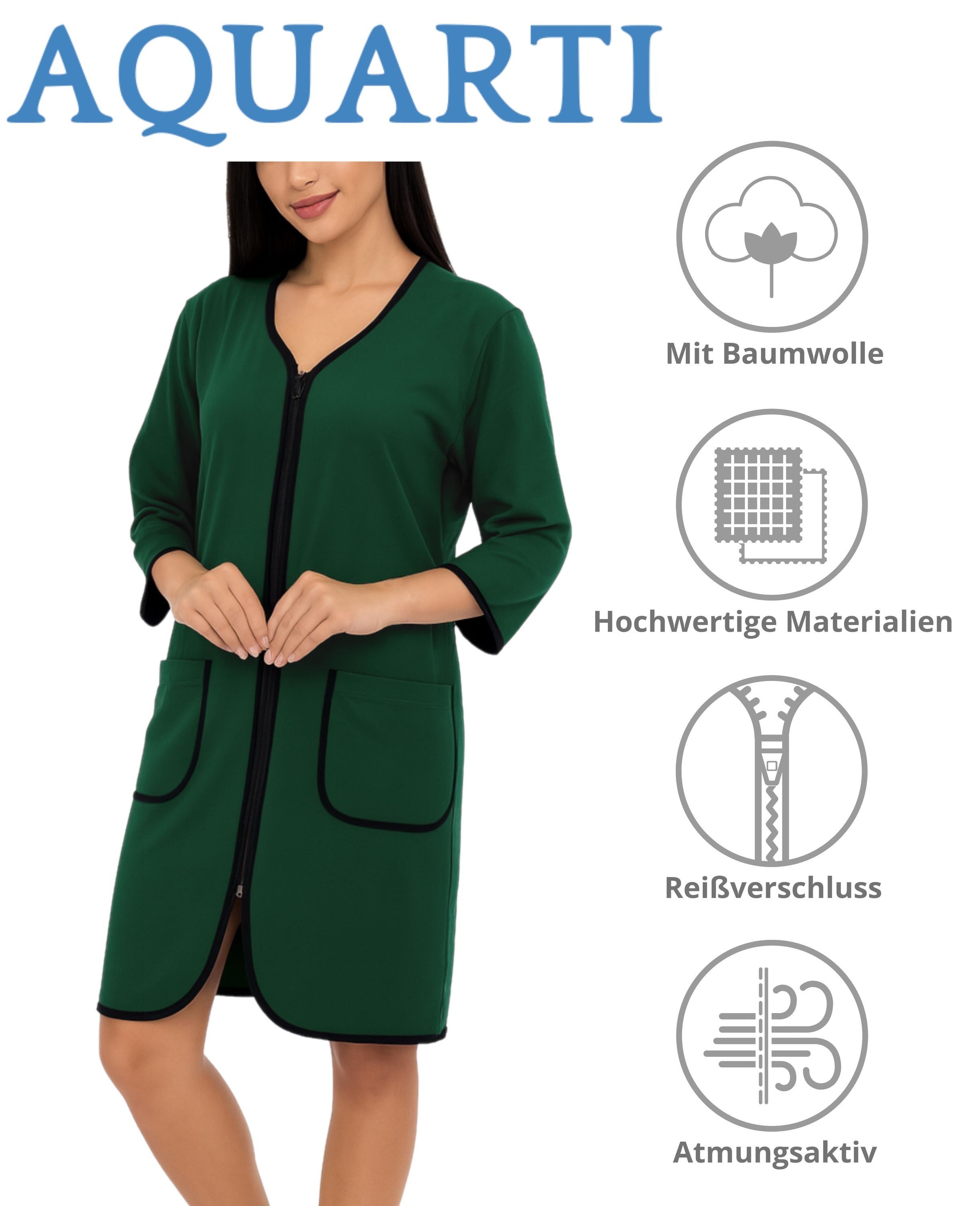 Aquarti Damenbademantel Damen Bademantel Morgenmantel Reißverschluss Hausmantel 3/4 Ärmel
