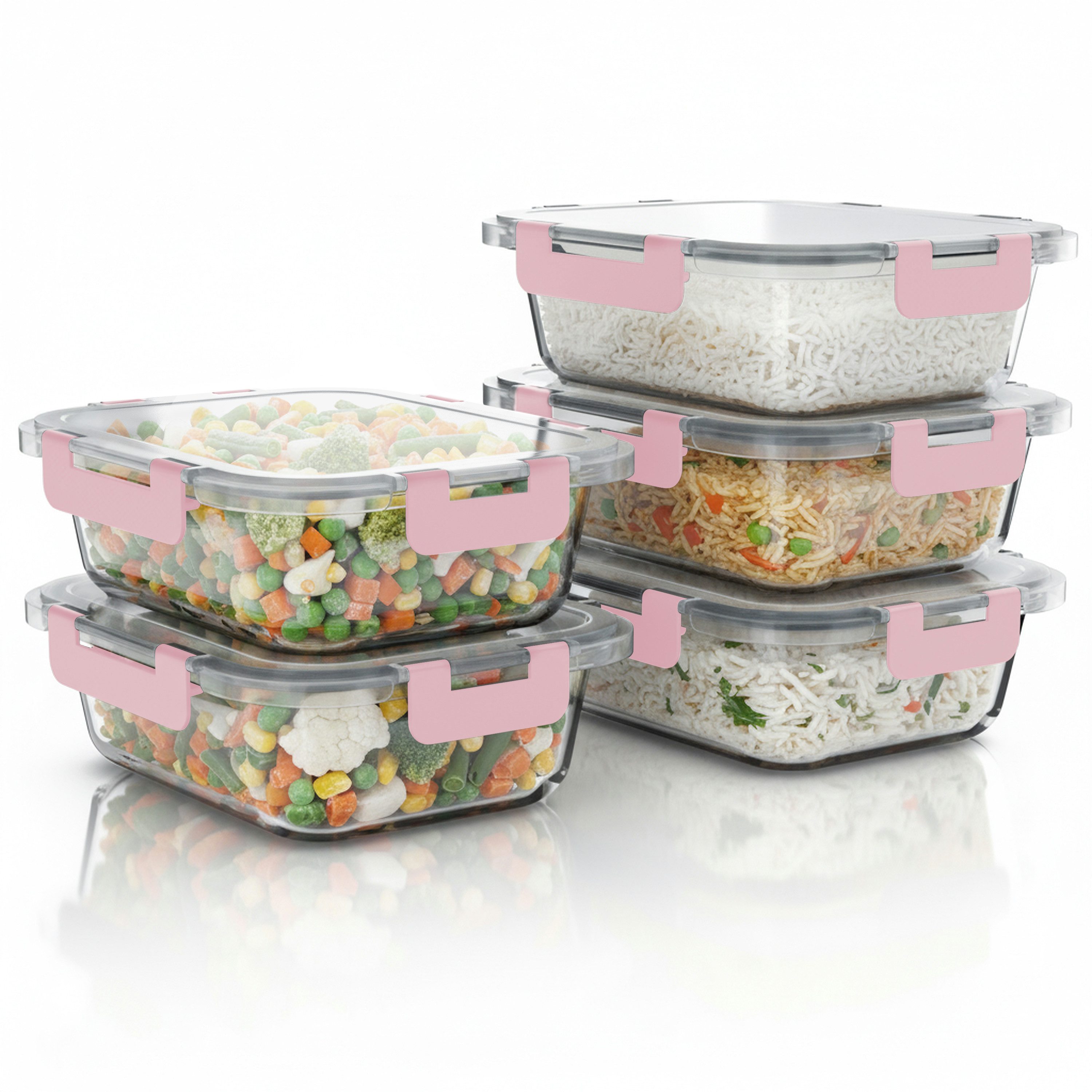 Arendo Frischhaltedose mit Deckel 5er Set, Vorratsdosen, Glas-Lunchboxen, auslaufsicher, Borosilikatglas, Kunststoff, (5-tlg), Mikrowellen-, Ofen-, Gefrier- & spülmaschinengeeignet, Klickverschluss
