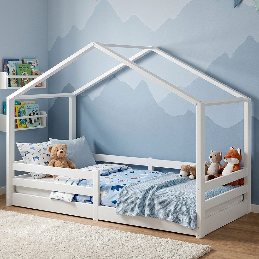 Bellabino Hausbett Abia Kinderbett mit Lattenrost und Rausfallschutz (weiß, optional mit Matratze), Bodenbett 90x200 cm, verfügbar in verschiedenen Ausführungen