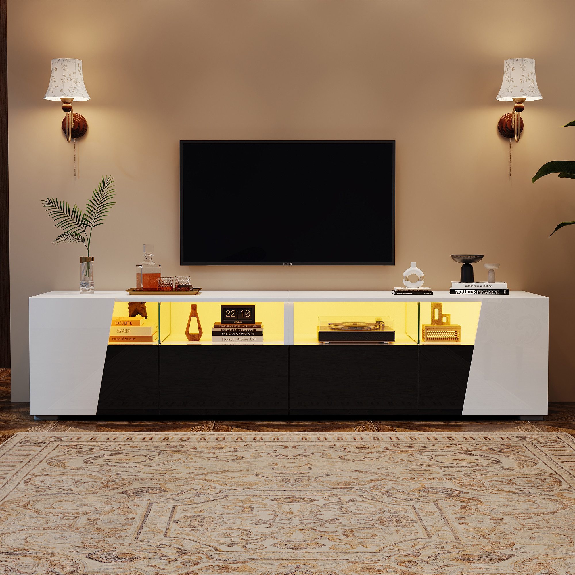 KLAM HOME Lowboard Hochglanz Lowboard Mit App LED Beleuchtung Fuer 80 Zoll TV (Modernes TV Moebel Mit 2 Schubladen Und 2 Schraenken), Elegantes TV Board In Weiss Schwarz Smart Home Feature