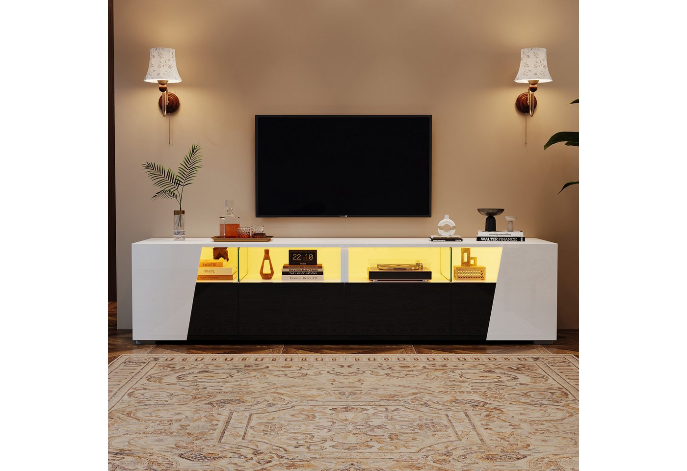KLAM HOME Lowboard Hochglanz Lowboard Mit App LED Beleuchtung Fuer 80 Zoll TV (Modernes TV Moebel Mit 2 Schubladen Und 2 Schraenken), Elegantes TV Board In Weiss Schwarz Smart Home Feature